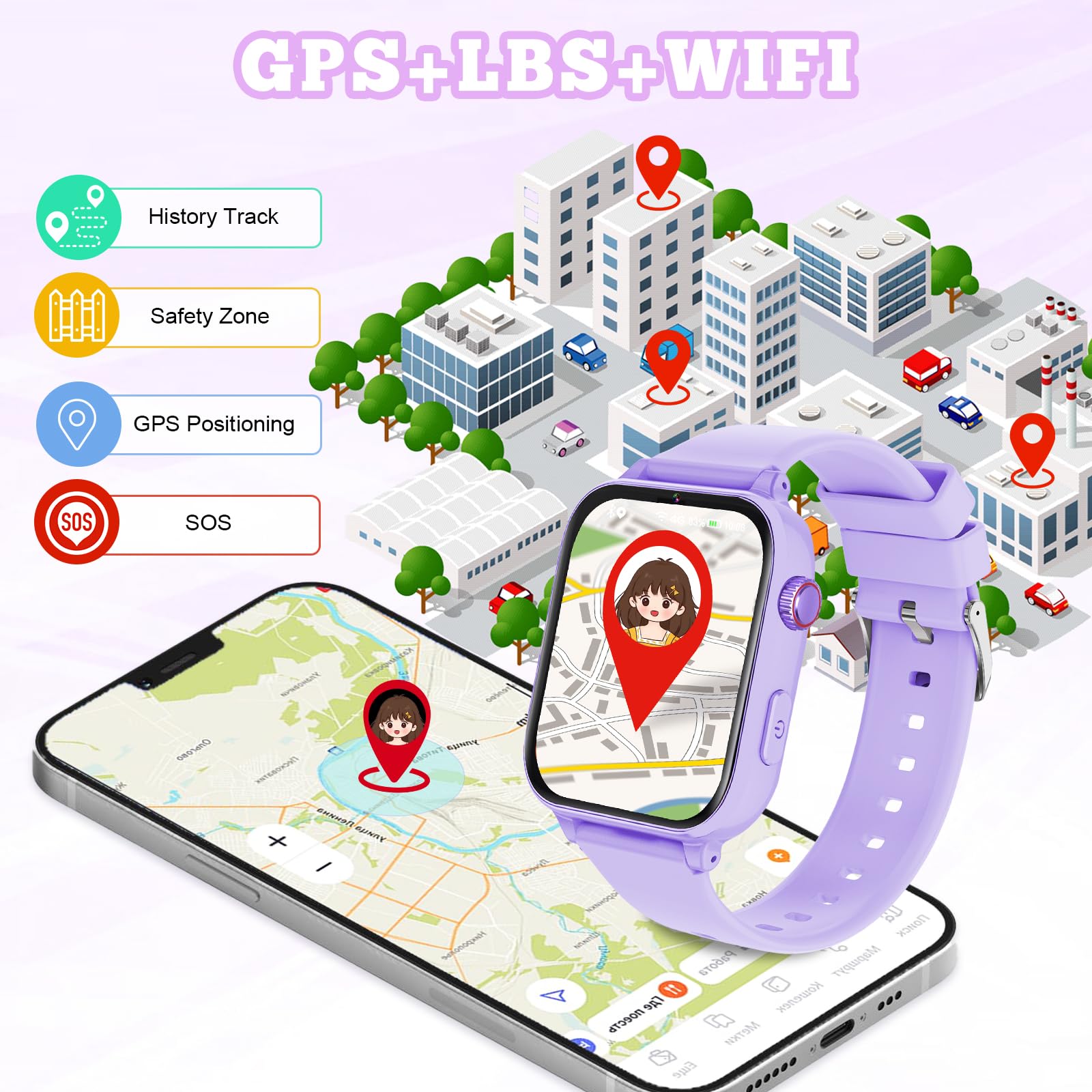 Smartwatch Bambini GPS 4G, Orologio Intelligente con Telefono, Videochiamata, Chat, SOS, Sveglia, Contapassi, Camera, Modalità Classe, Gioco, Smart Watch per Ragazza e Ragazzo 4-12 Anni Regalo, Viola