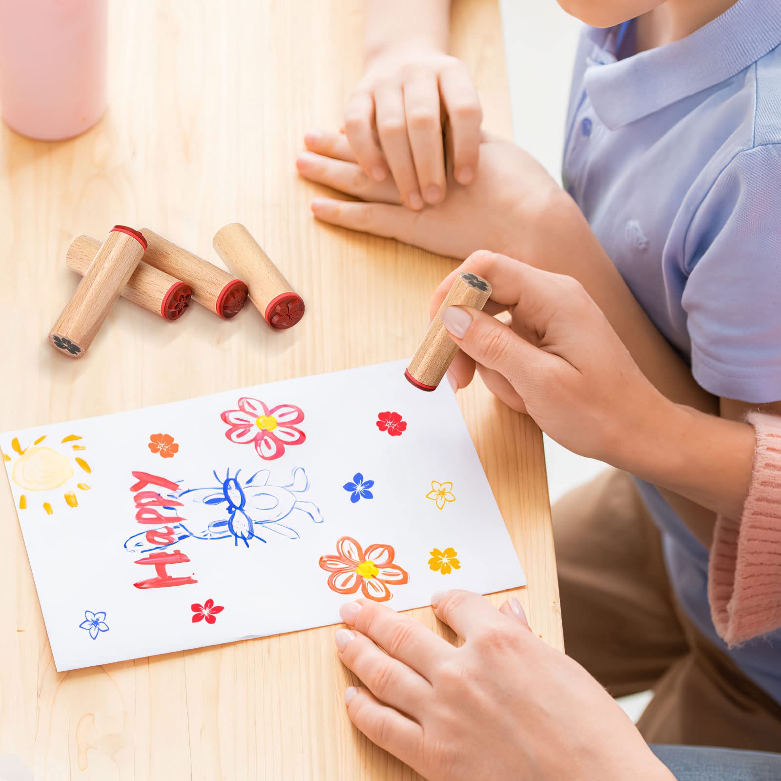 VICASKY 4pcs Round Wood Rubber Stamp Floral Pattern Rubber Stamp Wooden Rubber Stamp for Scrapbooking and DIY Craft Card