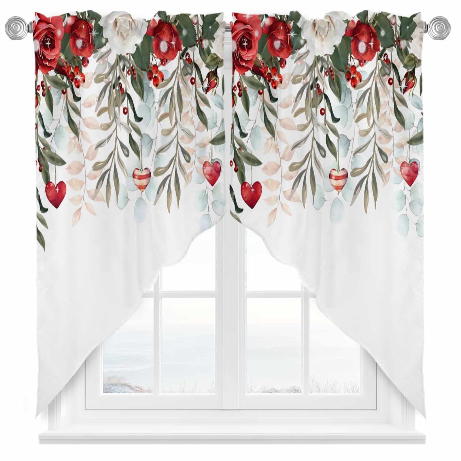 BEMIGO Swag Valances for Windows, Valentine's Day Rod Pocket Kitchen Window Curtains Over Sink, Romantic Rose Heart Swag Curtains,2 Panels, 36 Inches Length