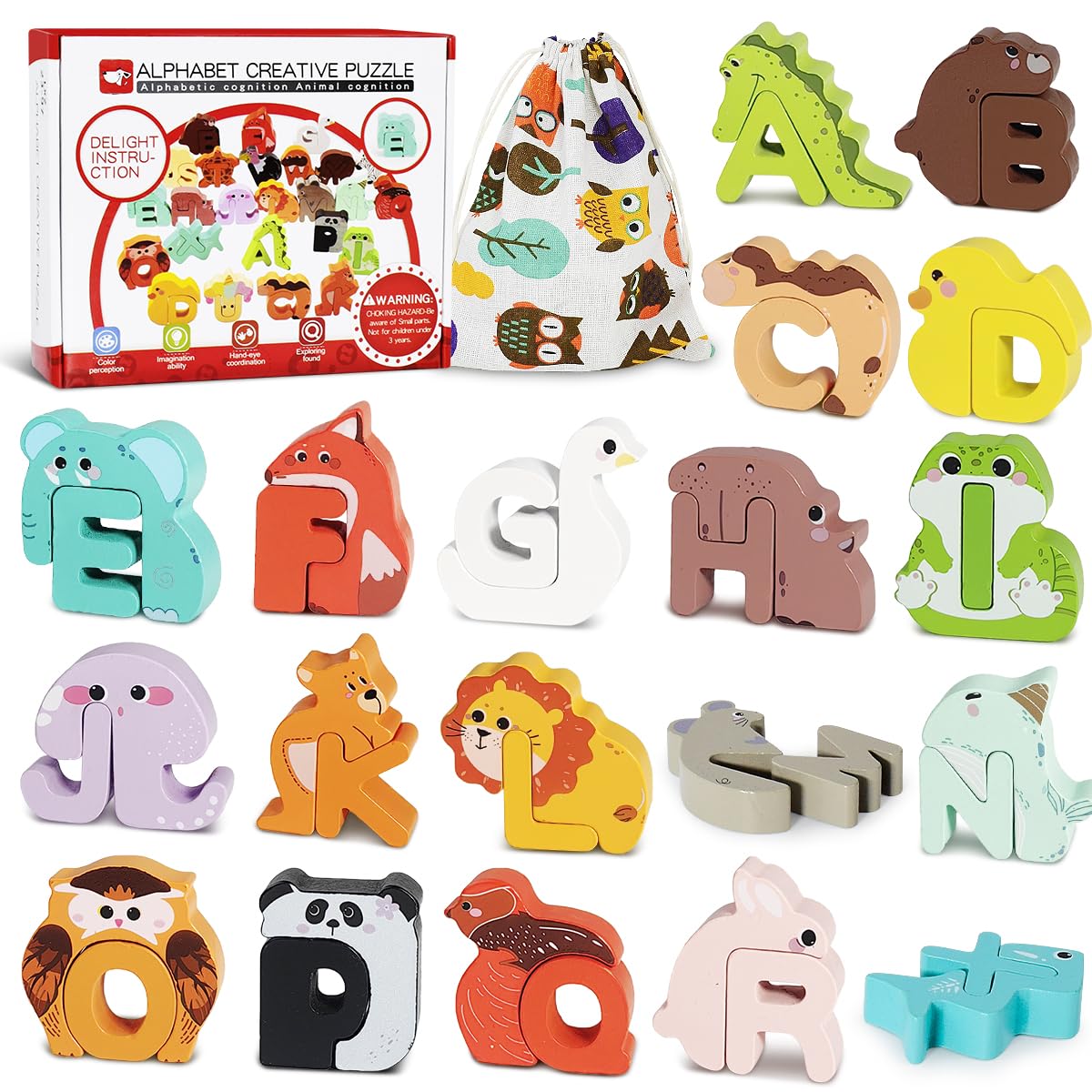 YYDeek 52 Pieces Matching Game, Wooden Alphabet Animal Puzzles for Toddlers, ABC Peg Puzzles for Kids Ages 3-5, Preschool Learning Activities Toys
