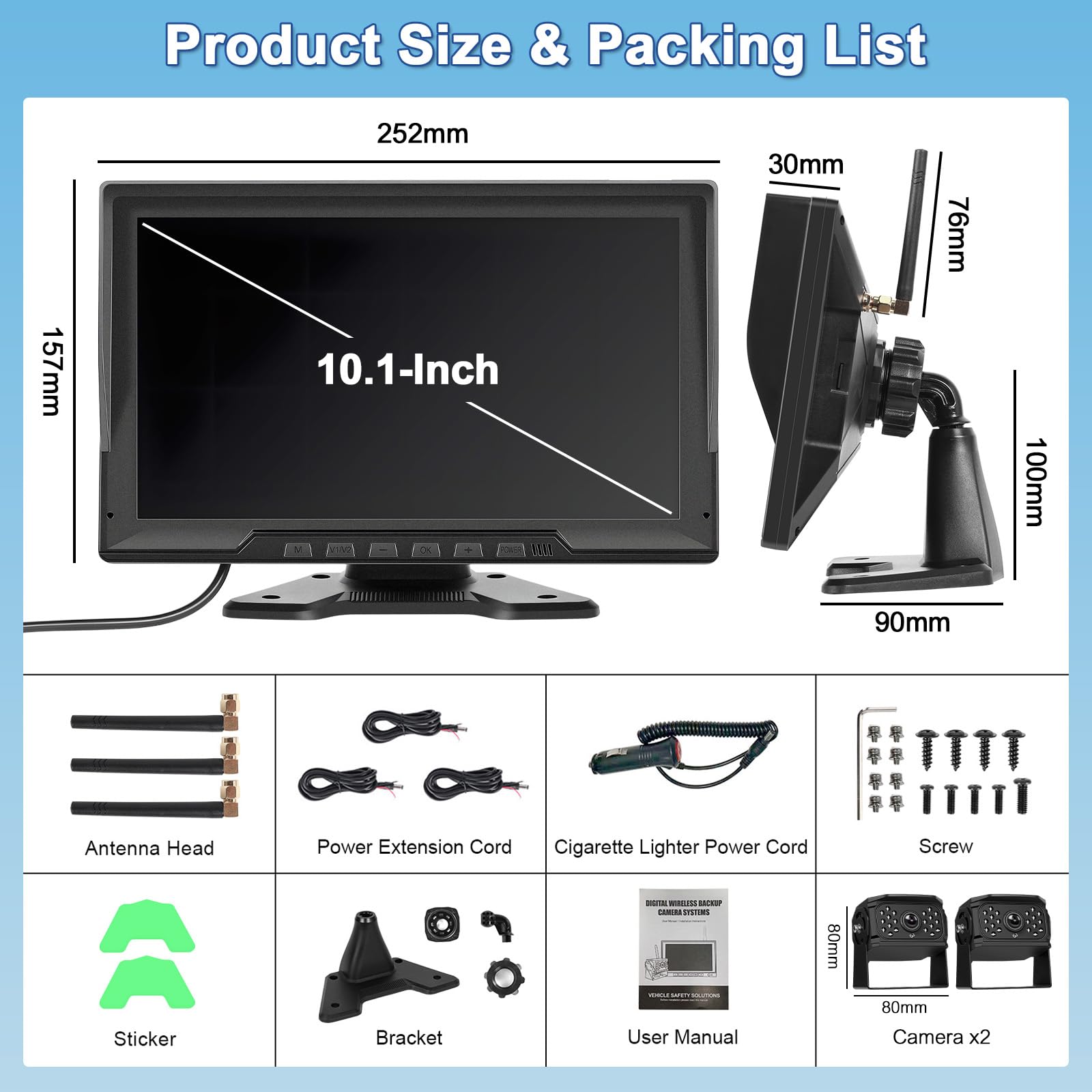 Hikity Kit Telecamera Retromarcia Wireless 10" Schermo IPS 2 Cam IP68 | Segnale Digitale Stabile, Visione Notturna, 12-24V, per Camper, Camion