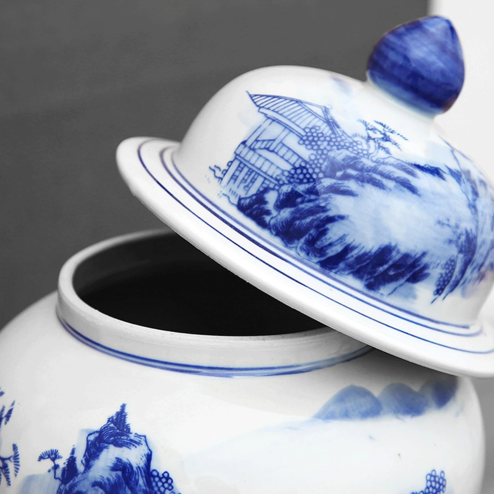 EYPKPL Porzellan-Ingwerglas mit Deckel, blaues und weißes Tempelglas, chinesisches Landschaftsmuster, Keramikglasvase mit Sockel, Vorratsglas, traditionell