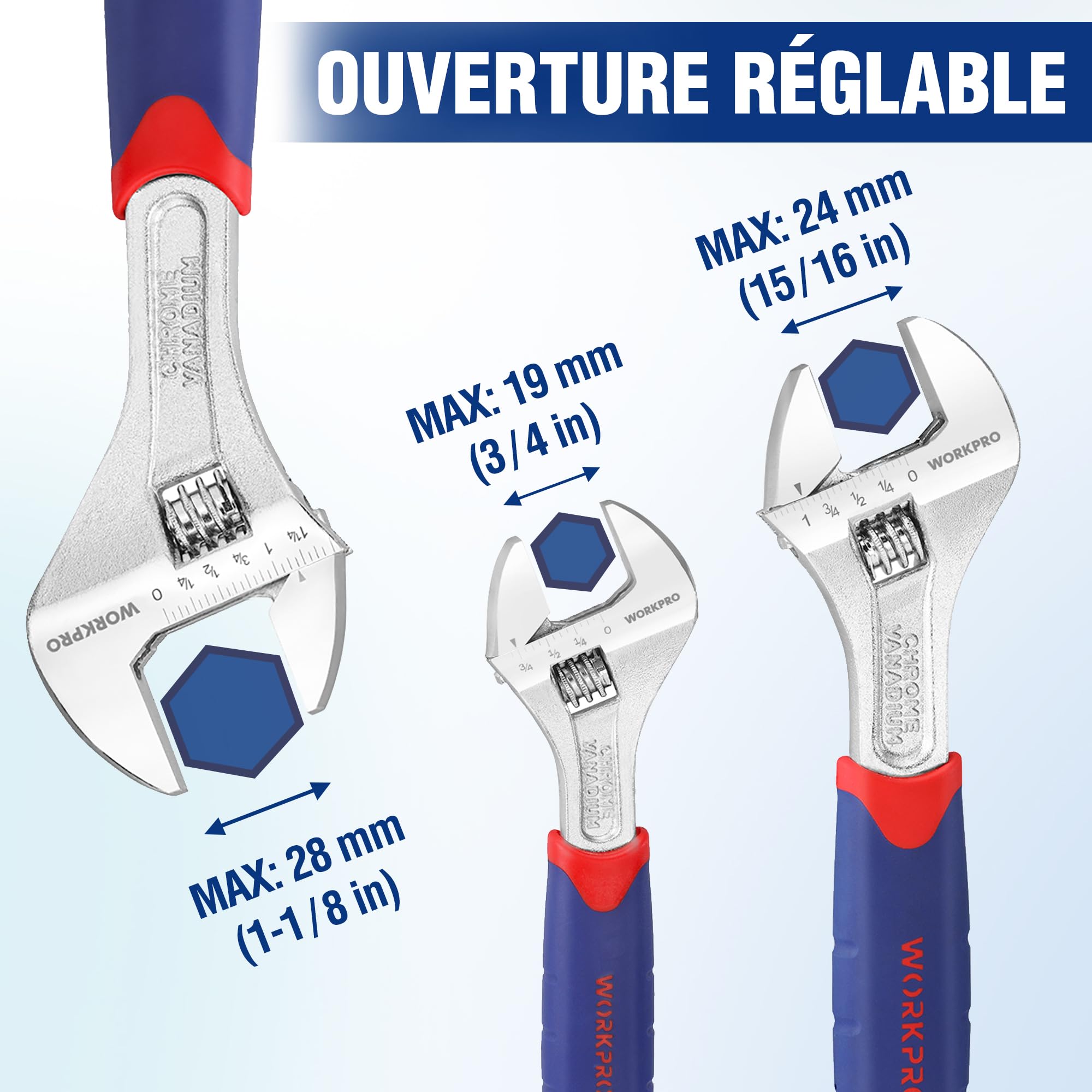 WOKRPRO Jeu de Clés à Molette en Cr-V 150, 200, 250 mm avec Grande Ouverture 19, 24, 28mm 3 Pièces