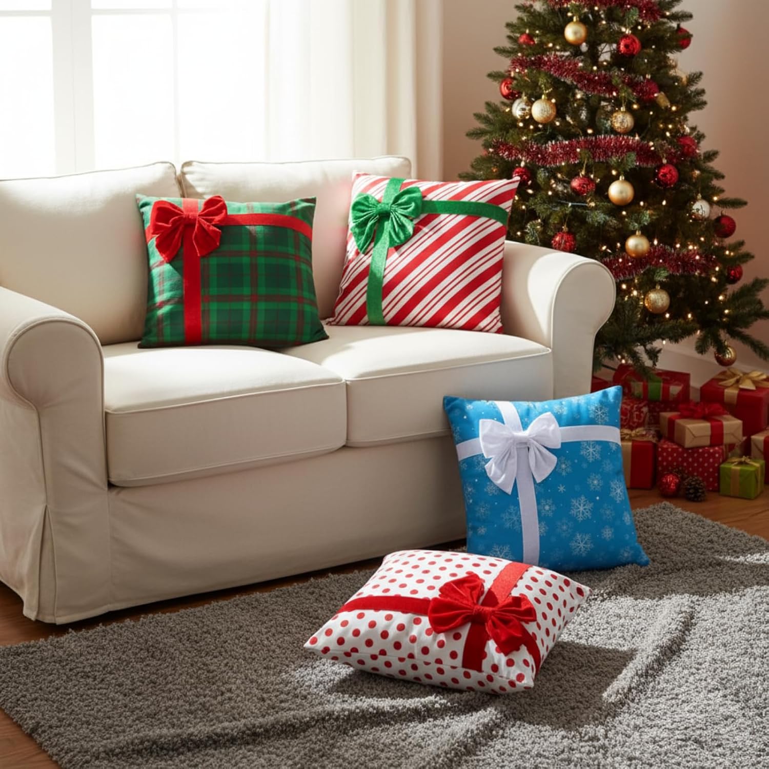 Breling 4 Set Christmas Pillow Covers 3D Bows Gift Box Pillow Cases 20 x 20 Inch Dot Stripe Plaid Snowflake Xmas Winter Cushion Cases for Christmas Home Chair Bed Sofa Cushion Decor