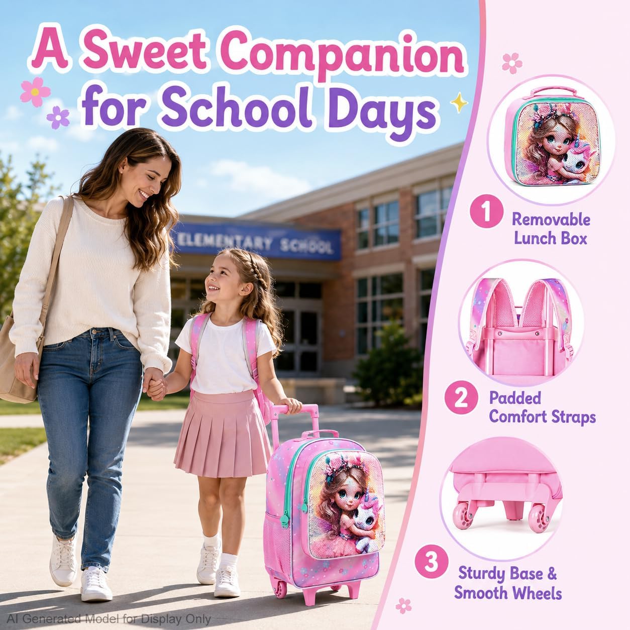 gxtvo 3PCS Girls Fairy Rolling School Backpack, Kids Sequin Wheeled Bookbag with Lunch Box, Water-Resistant Roller Bag for Elementary Preschool Toddler - Fairy Cradling Unicorn, Pink