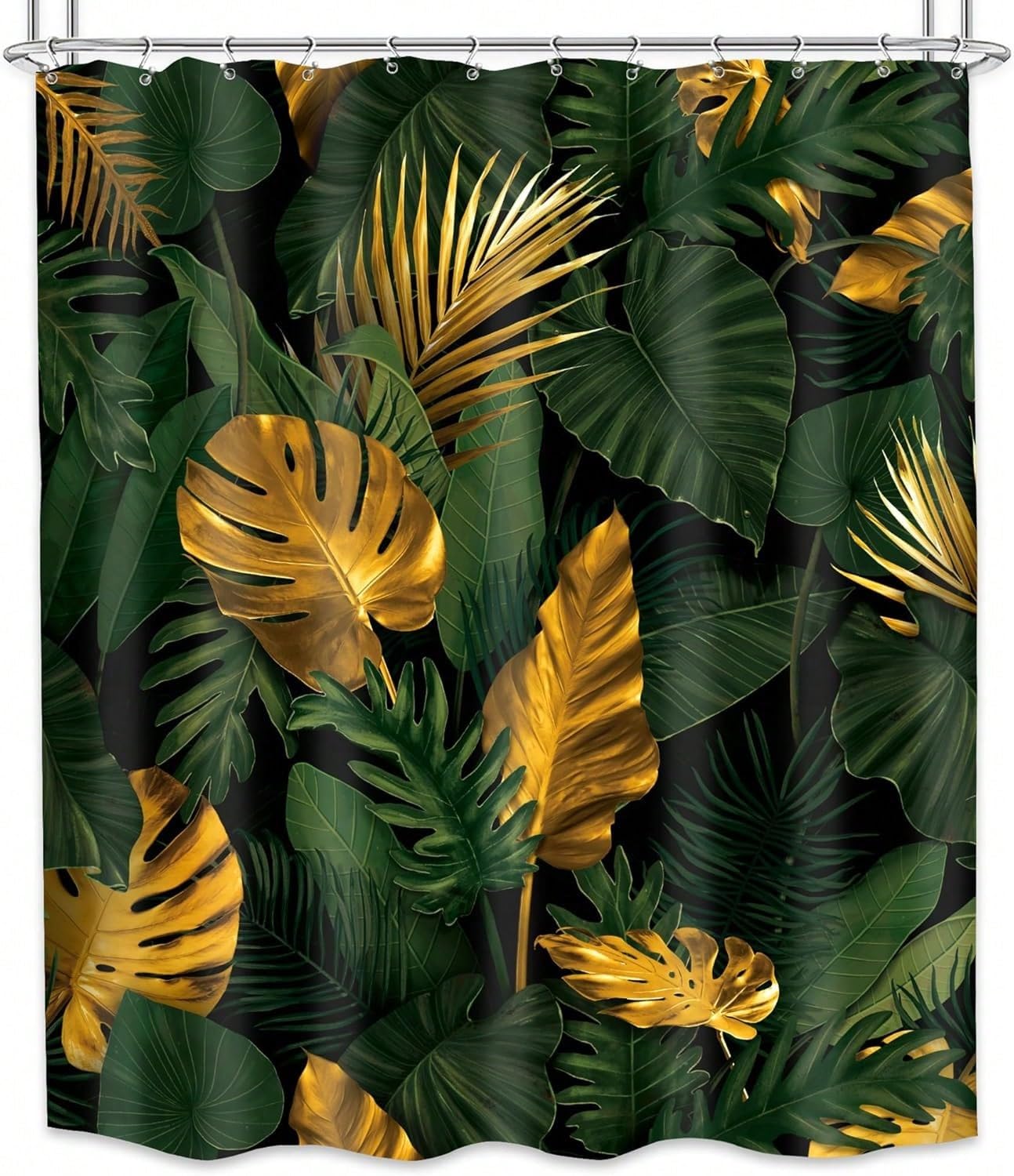 Rideau de douche tropical 180x152 cm vert émeraude et noir à feuilles de palmier
