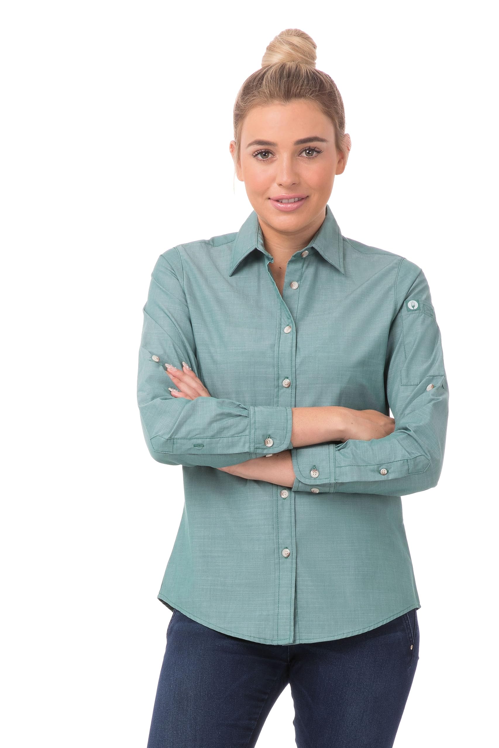 Chef Works Women's Chambray Shirt, Green Mist, 3X-Large