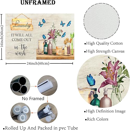 Miniatura 7 de BOUHES Arte de pared rústico para lavandería, horario de lavandería, reglas divertidas, decoración de pared, granja, flores, mariposas, pintura,