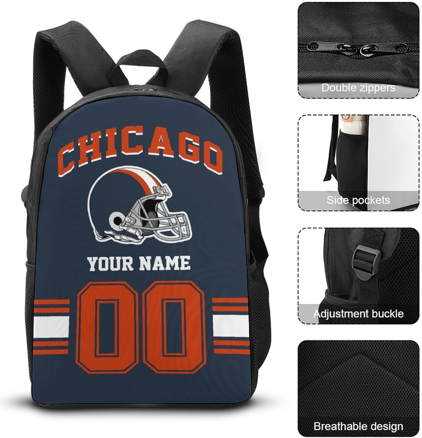Custom Chicago Backpack with Lunch Bag Pencil Case, Personalized Name and Number Backpacks Pencil Box Lunch Bags, Customize 3pcs Set Gifts for Men Women Fans
