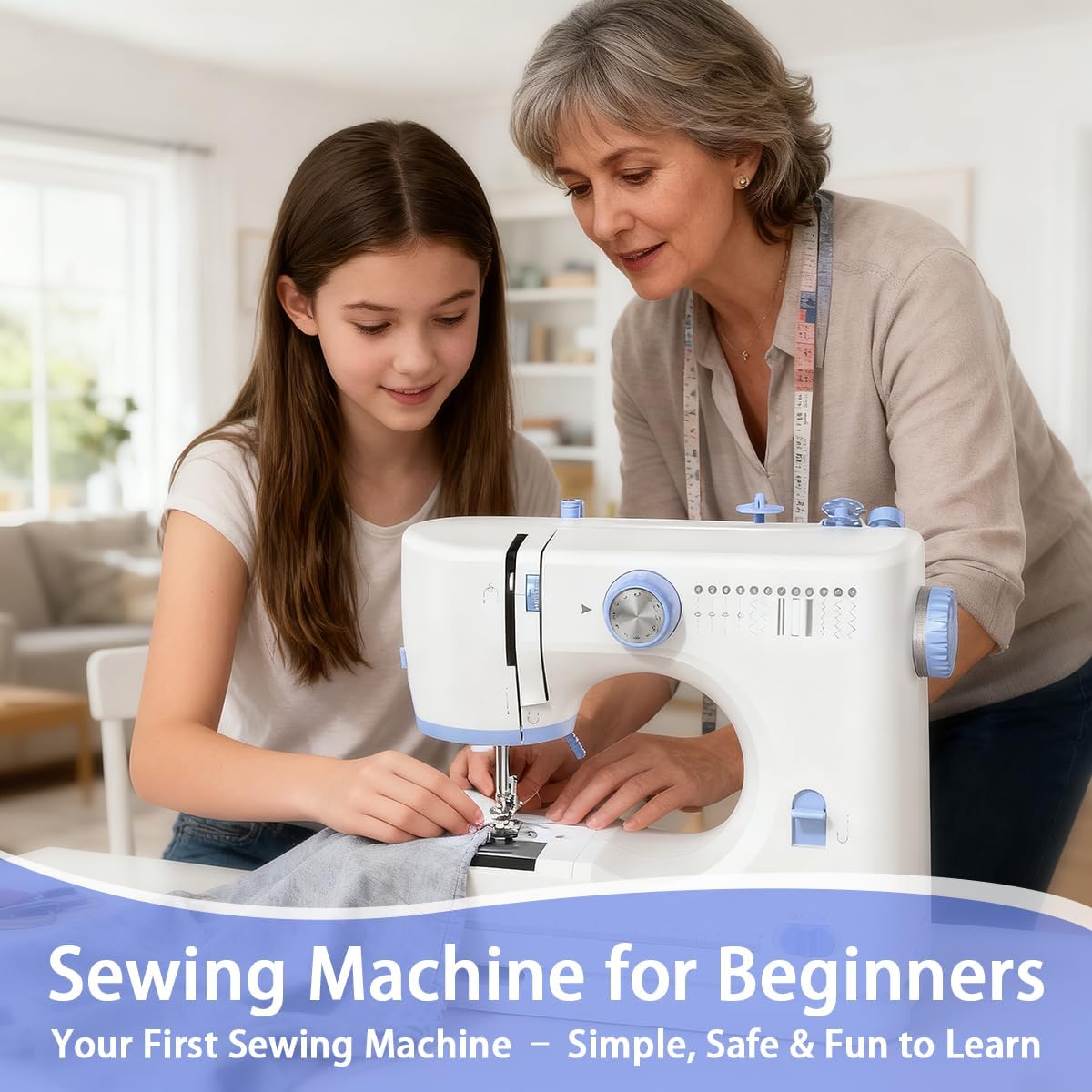 Sewing Machine for Beginners with Sewing Threads Kit(20Pcs Fabric & 32Pcs),Portable Sewing Machine with 12 Built-in Stitches & 2 Speed(High-Low Speeds) - Blue&White