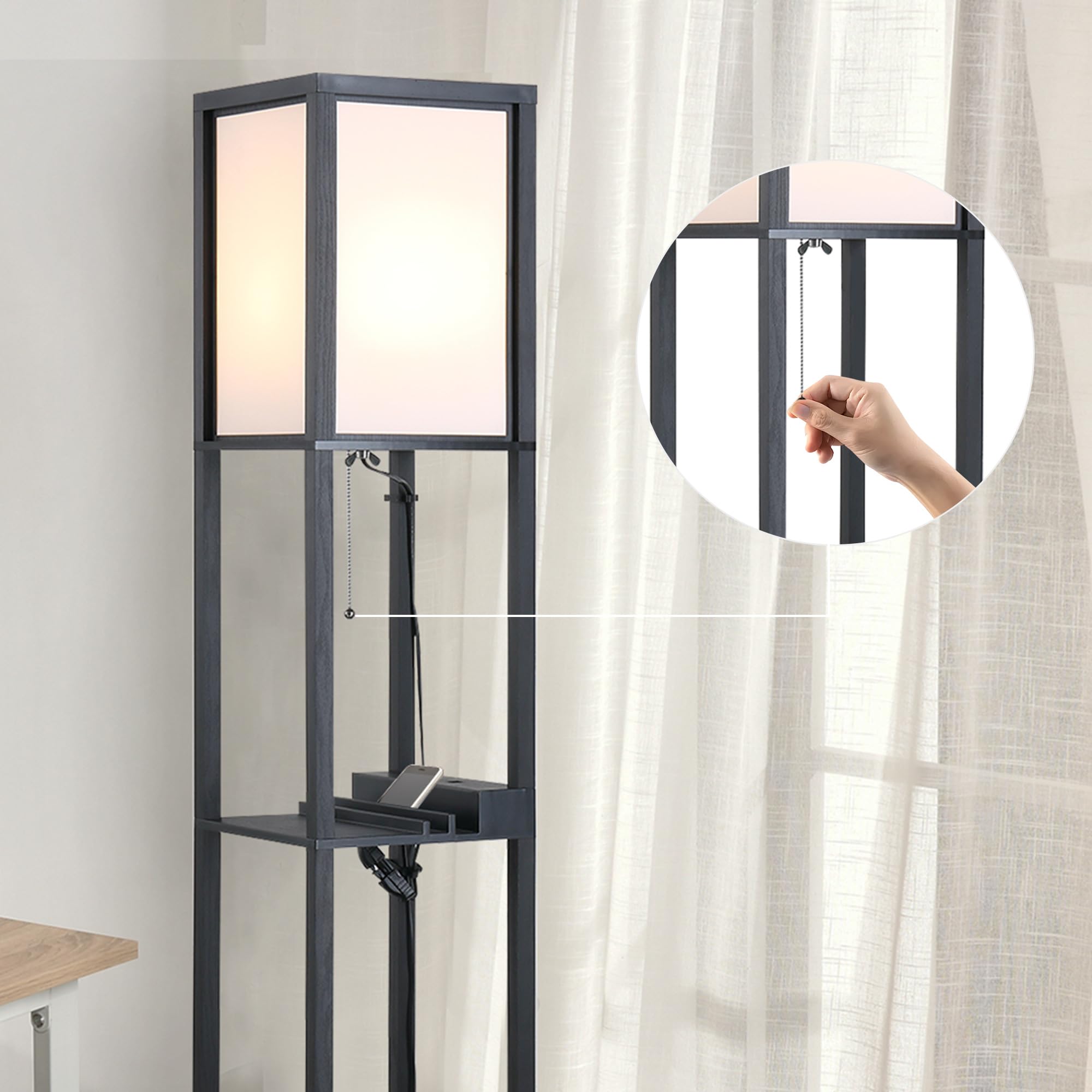 HOMCOM Lampada da Terra Moderna con Ripiani 26 x 26 x 160 cm Nero e Bianco | Lampadina, Illuminazione Interna Salvaspazio, da Soggiorno, Cotone, MDF