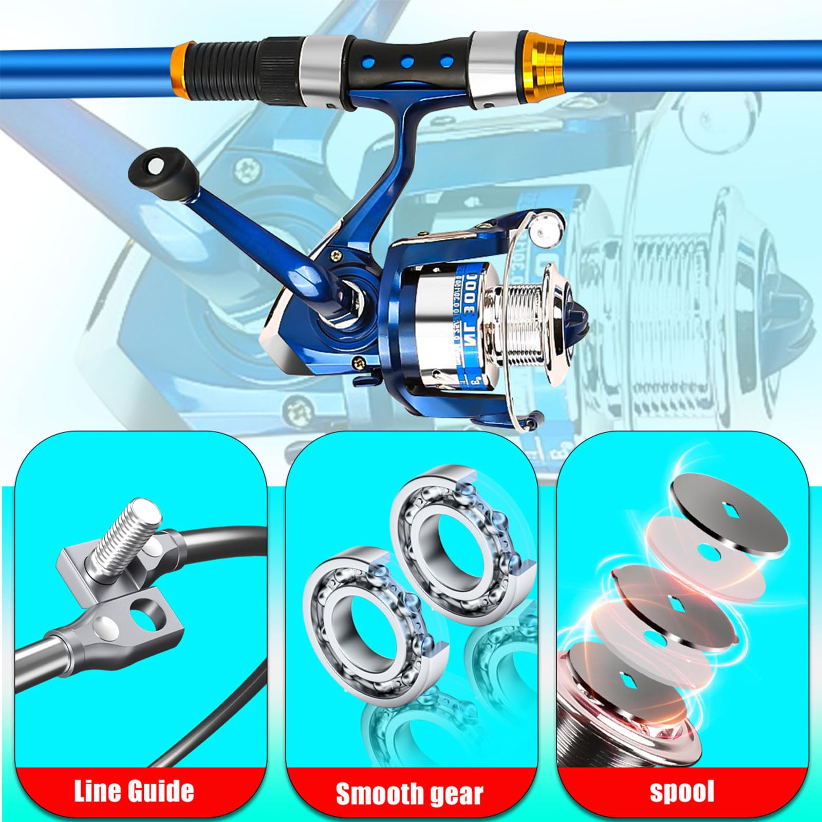 Canna da pesca telescopica e mulinello da spinning, kit completo di attrezzatura con esche, ganci, lenza, borsa per il trasporto per pesca d'acqua dolce e salata