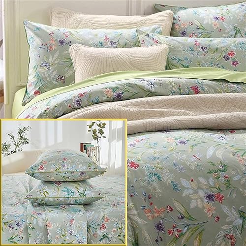 Brandream Juego de sábanas y funda de edredón tamaño Queen de 7 piezas, diseño floral, elegante, acuarela, pintura de granja