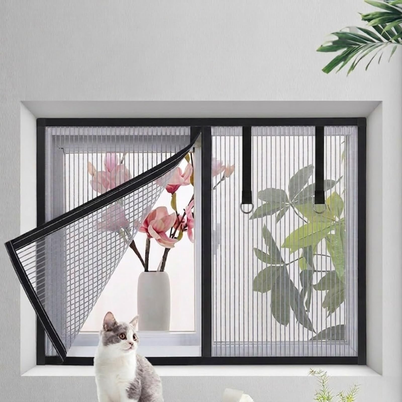KING KONG MESH Insect Repellent Window Screen, Easy Install No Drill Window Screen, Washable Cat Scratch Resistant Self-Adhesive Screen for Kitchen Bedroom Seasonal Use(Black,75x110cm)