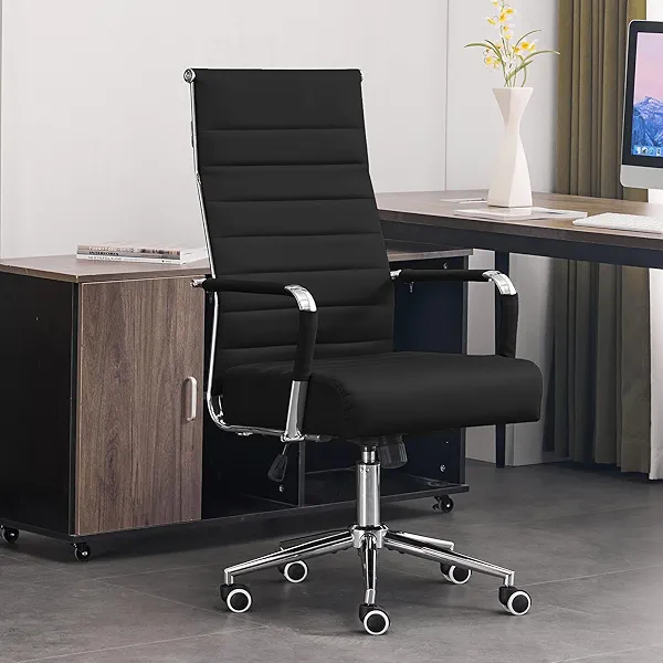 Office Desk Chair, Modern Leather Conference Room Chairs with High Back,Wheels and Arms, Ergonomic Executive Ribbed Height Adjustable Swivel Chair for Home Office (Black)