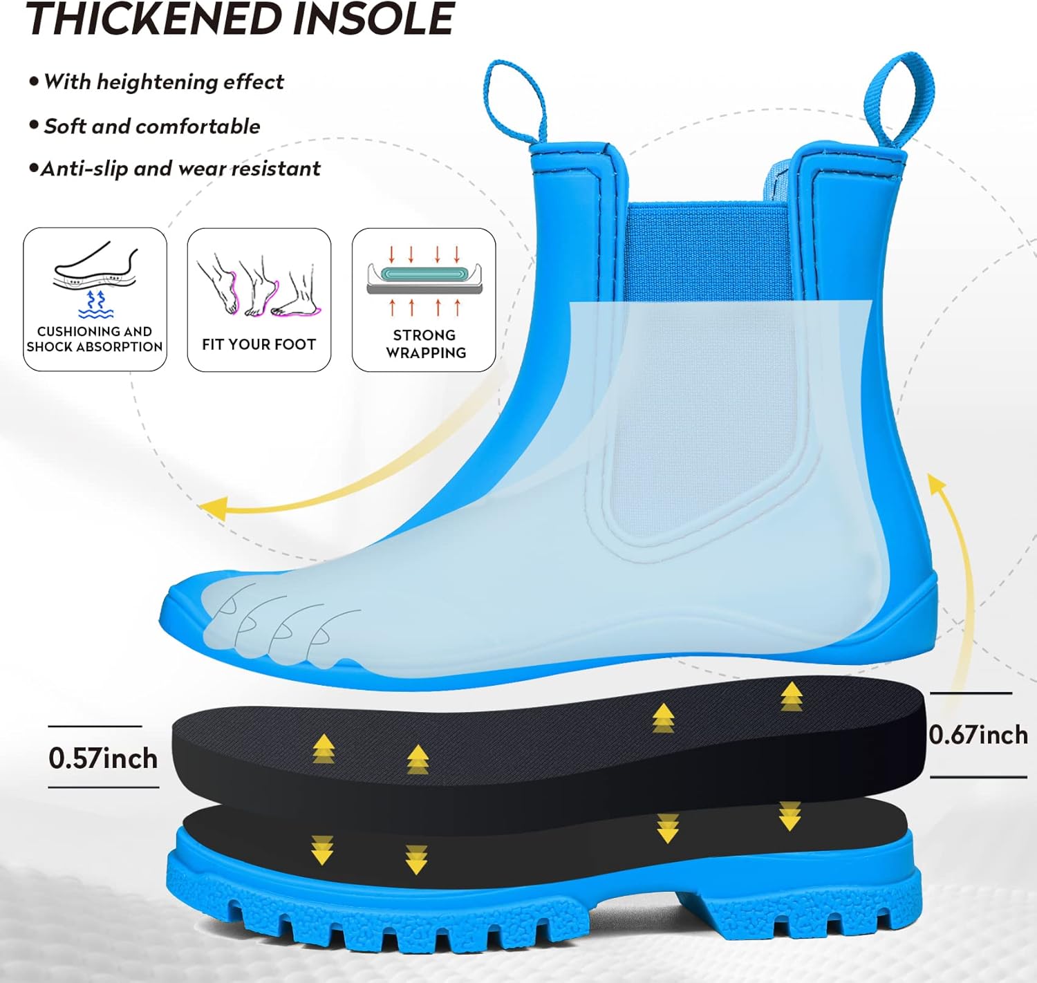 DKSUKO Women's Short Rain Boots Rubber Waterproof Garden Boots Elastic Slip On Ankle Chelsea Boot Fashion Insulated Rain Shoe for Outdoor Work Thick Sole (6 B(M) US, Lake blue) - Image 3