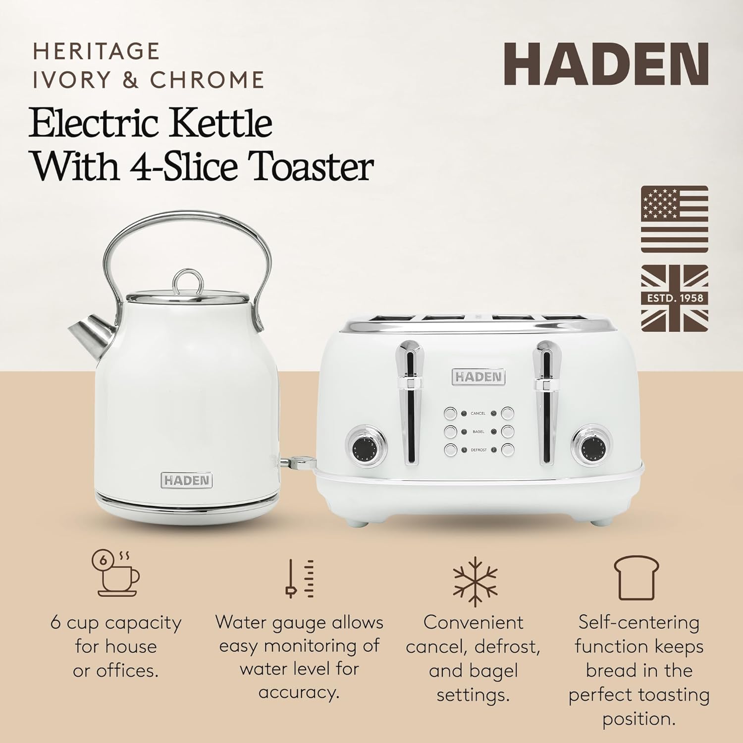 Haden Heritage Stainless Steel Body Retro Electric Tea Kettle, White and Haden Heritage 4 Slice Wide Slot Stainless Steel Retro Toaster, White