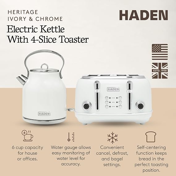 Haden Heritage Stainless Steel Body Retro Electric Tea Kettle, White and Haden Heritage 4 Slice Wide Slot Stainless Steel Retro Toaster, White