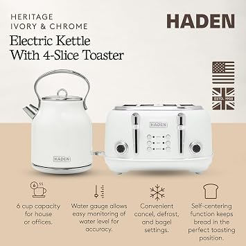 Haden Heritage Stainless Steel Body Retro Electric Tea Kettle, White and Haden Heritage 4 Slice Wide Slot Stainless Steel Retro Toaster, White