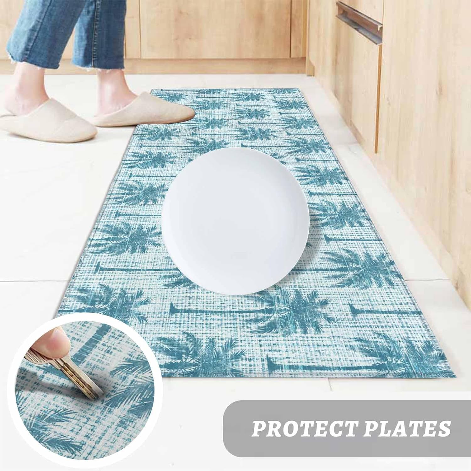 Teamery Kitchen Mats for Floor Coastal Beach Palm Tree Washable Non Slip Kitchen Rugs 1PCS, Summer Botanical Cyan Linen Absorbent Standing Mats for Sink Bathroom Office Living Room 15.7x47.2in
