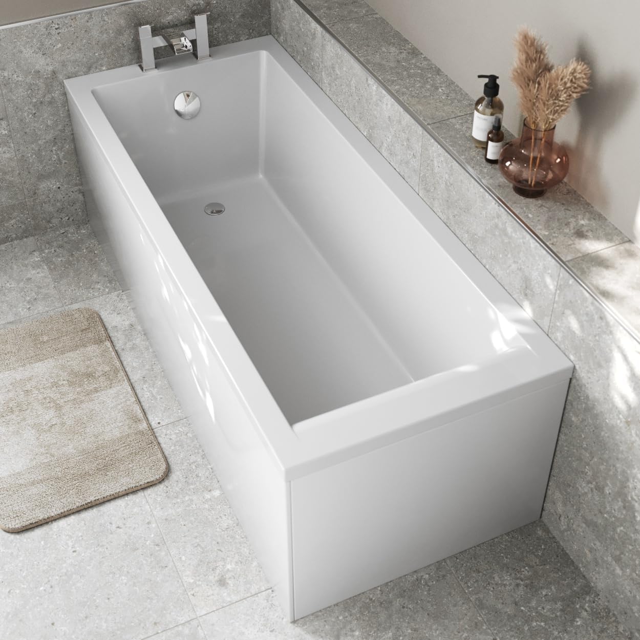 1600 x 700mm Single Ended Straight Bath White Gloss Soaking Bathttub, Acrylic Baths for Bathrooms, Straight Square, Adjustable Feet, Side & End Panels Included