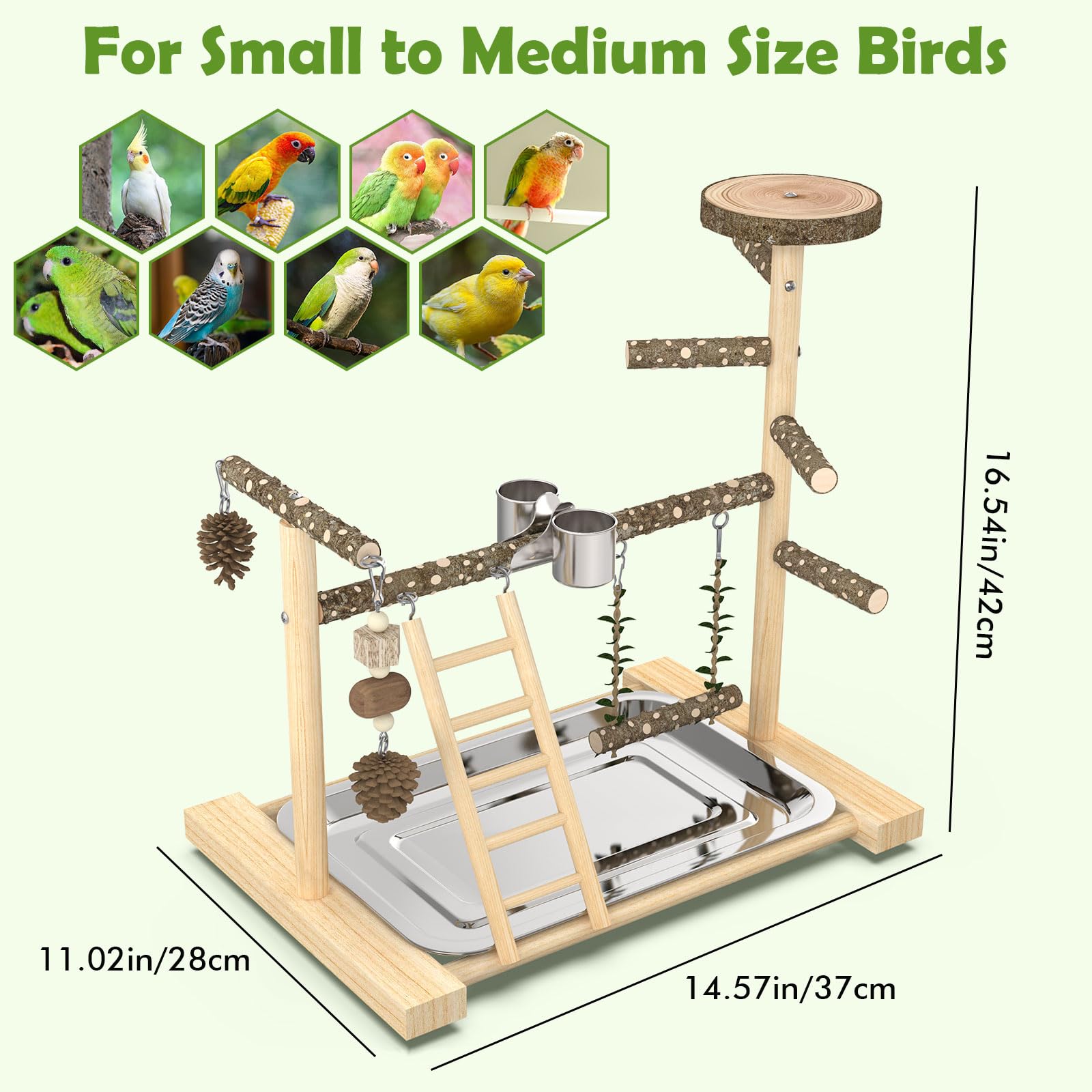 Vogelspielplatz, Naturholz, Vogelsitzstange, Sittich-Spielplatz mit Schaukel, Leiter und Futterbecher, Vogel-Spielständer für Nymphensittiche, Sittiche, Sittiche, Sittiche