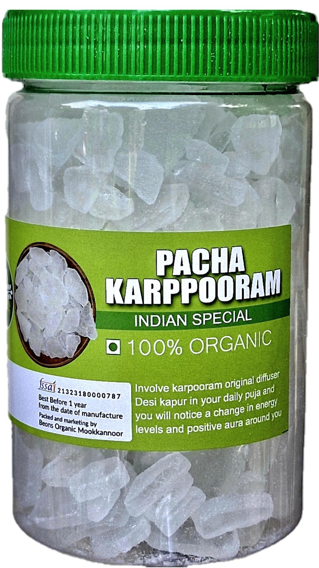 Beons Organic Bhimseni Camphor/Pacha Karpooram Original/Karpoor/For Pooja/Use For Coamphor Diffuser Electric /100 Gm Jar, Solid