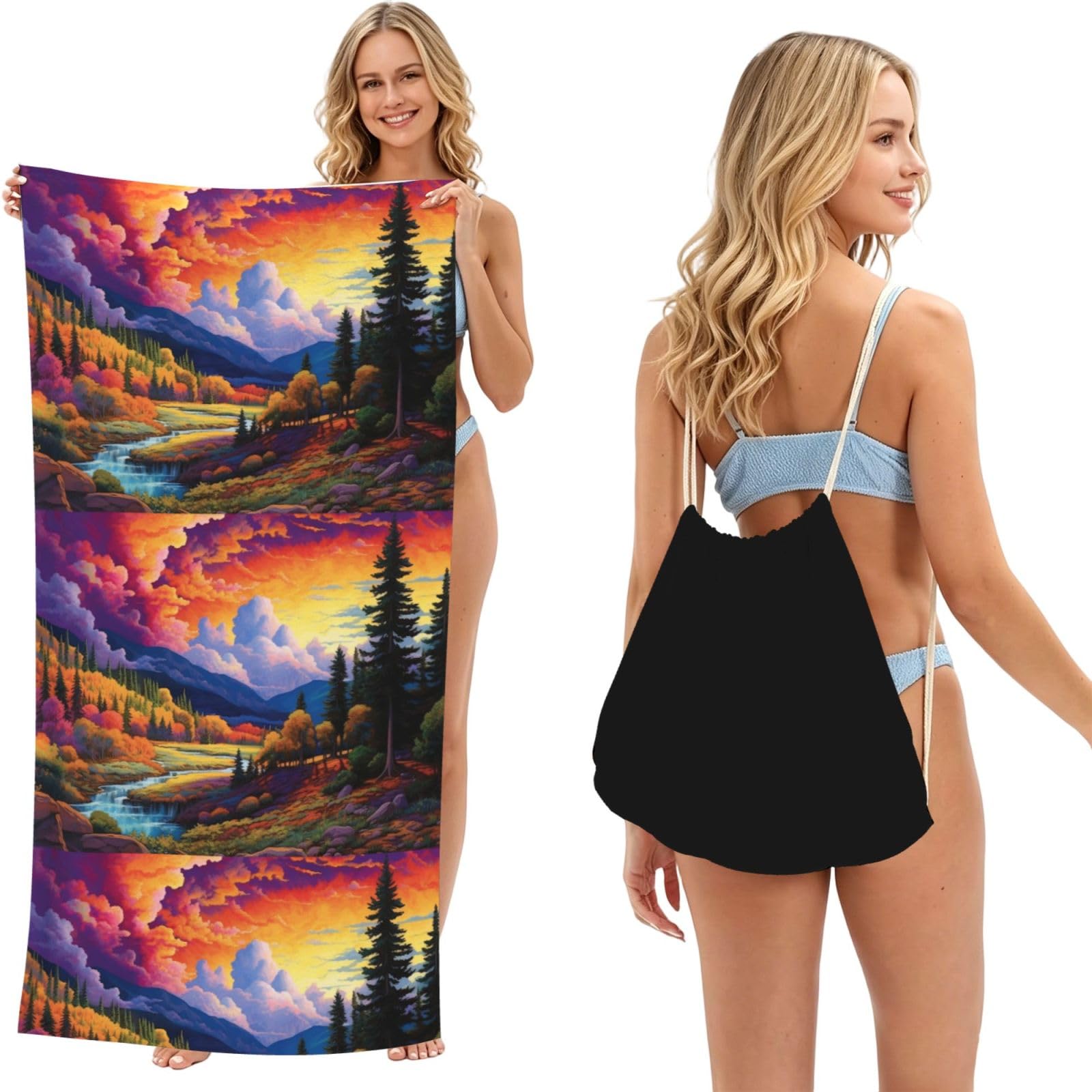 SKGOHLH Rainbow scenery 2in1 Packable Beach Towel Bag Women