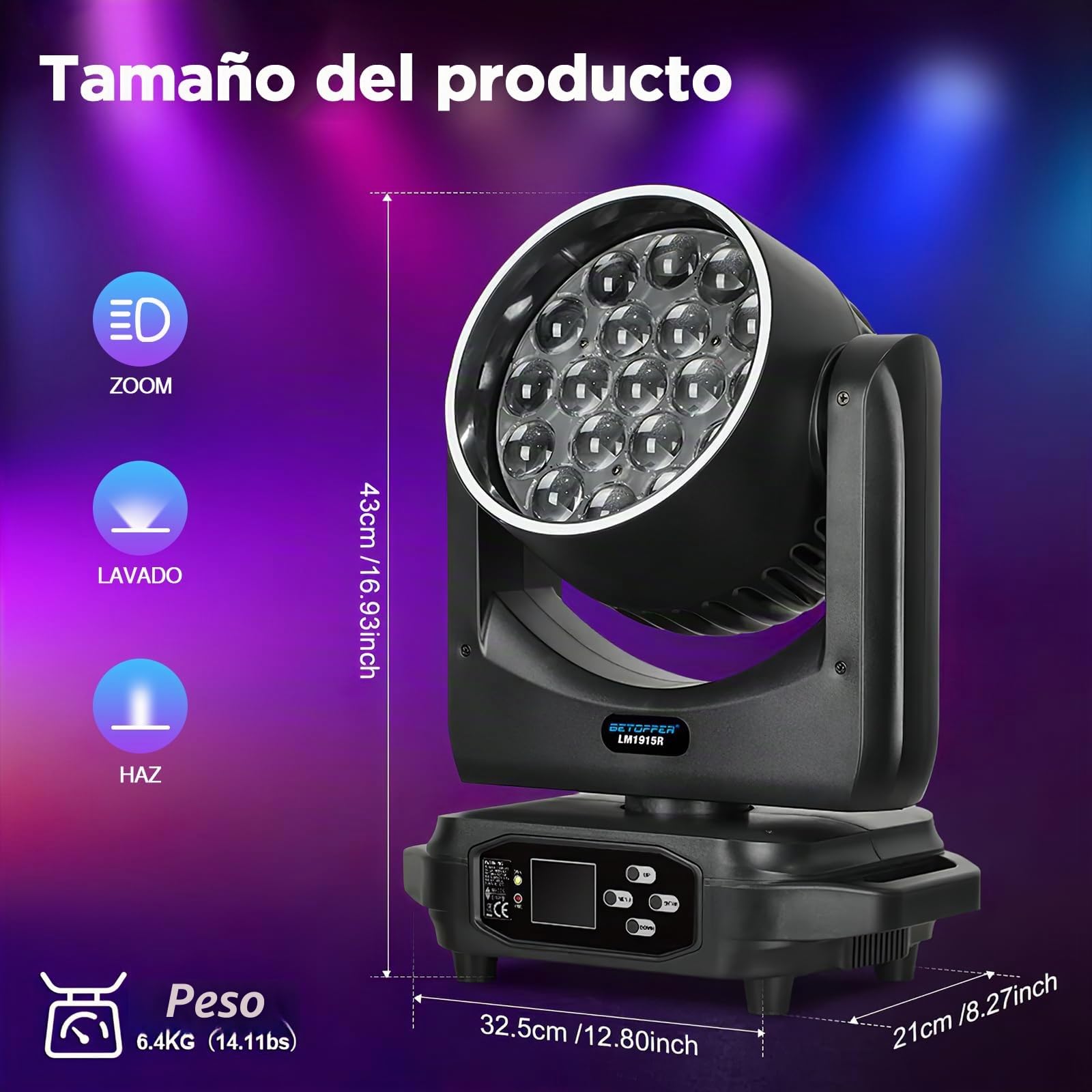 BETOPPER Cabezal Móvil LED RGBW 19x15W, Luz DJ Profesional 4 en 1 Control DMX, Efectos Luz Disco, Nube y Tira LED,Fiestas, Bodas, Discotecas,RGBW + Blanco Ajustable 3000K-6500K