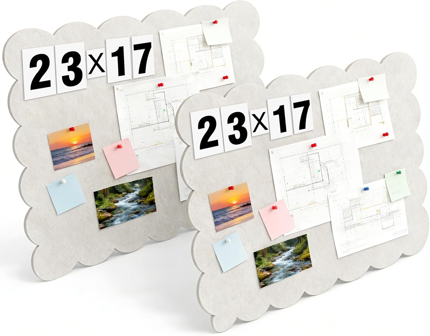 2 Pack Hanging & Wall-Mounted Felt Bulletin Board with Scalloped Edges, Multi-Use Pin Board, Cork Board Alternative for Office, Includes Hanging Rope, Hardware, and Double-Sided Tape（23.6 * 17.7inch）