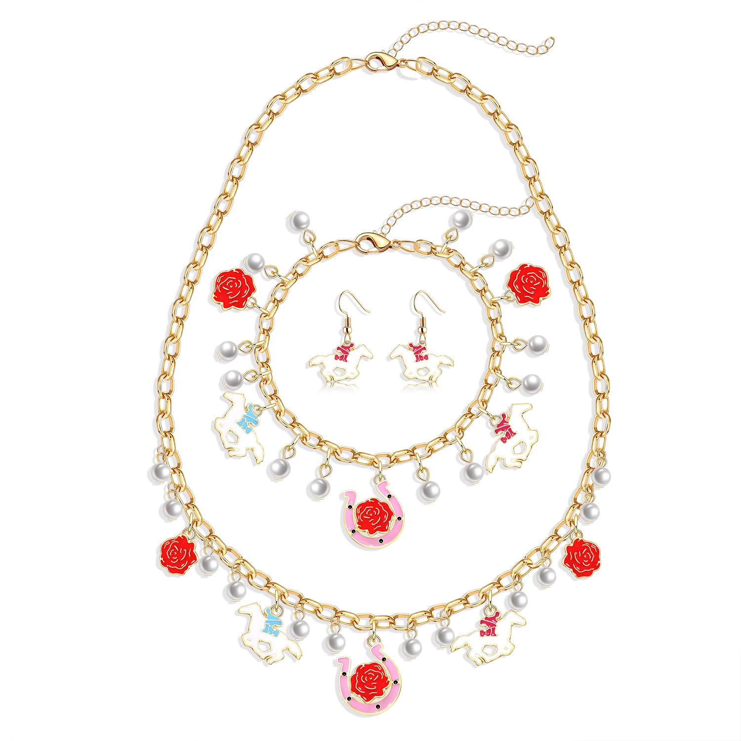 BSJELL Kentucky Derby Jewelry Set for Women Beaded Derby Horseshoe Rose Necklace Earrings Horse Charm Bracelet Horse Racing Statement Earrings Derby