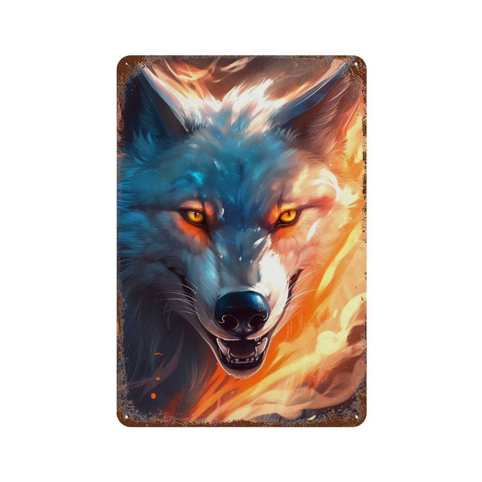 Flaming Wolf Fantasy Artwork -1 Aged Metal Wall Plaque 11.8"x7.9", Farmhouse Wall Decor for Office, Studio And Wall Decor