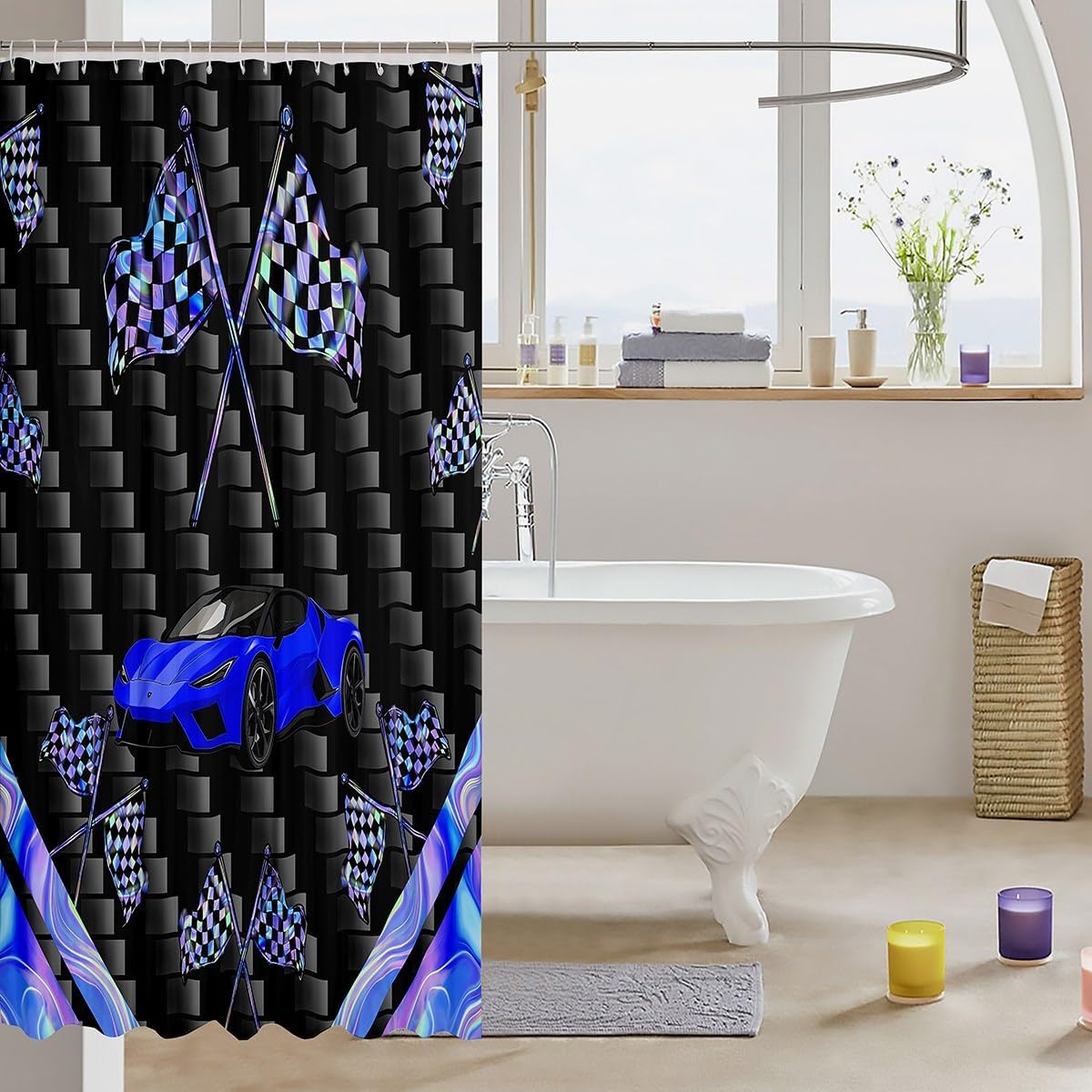 jejeloiu Blue Race Car Shower Curtain Extreme Sports Bath Curtain Adult Fast and Furious Bathroom Waterproof Accessories with 12 Hooks Dazzling Flag Waterproof Polyester,72x78 Inches