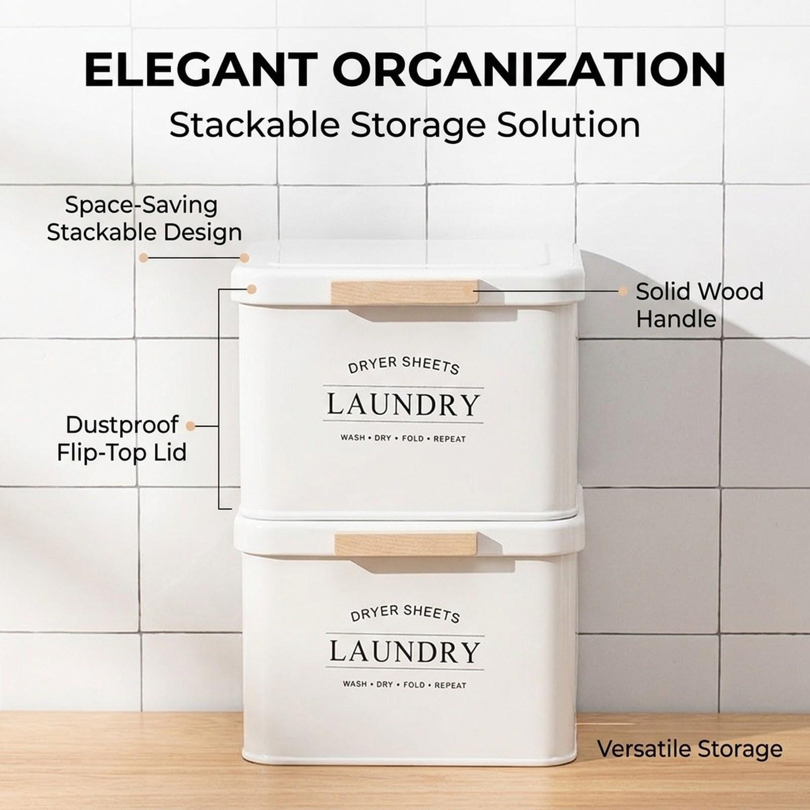 Scatola Asciugatrice Porta Asciugatrice Contenitore Organizzatore Metallo con Coperchio Design Elegante con Manico Legno, Bianco