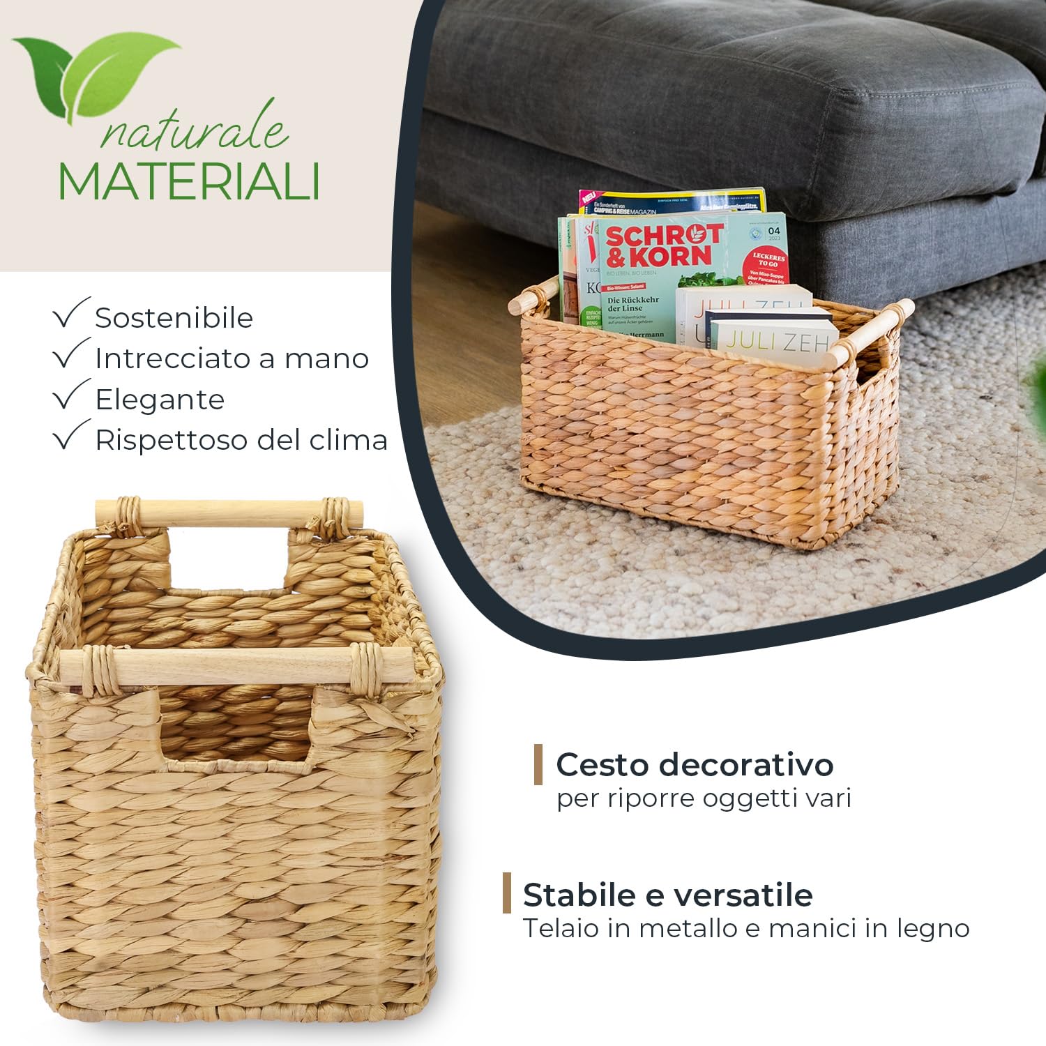 HMF Cesto portaoggetti intrecciato in giacinto d'acqua, Cesto decorativo con manici in legno per riporre oggetti in bagno, soggiorno, cucina | 37 x 22 x 20 cm | naturale