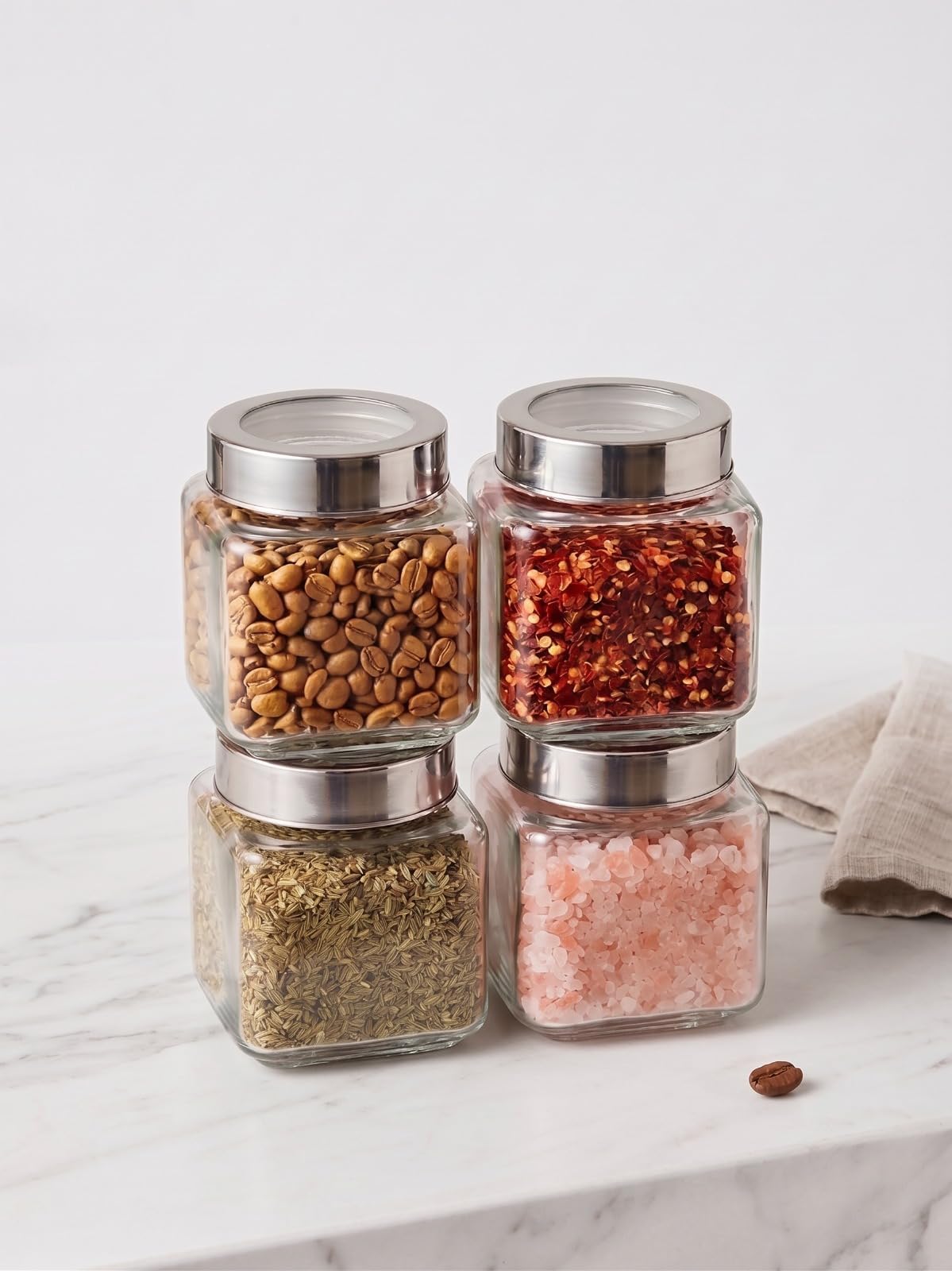 Vency Glass Cube 580ml (Set Of 4) Transparent Glass Jars & Containers for Kitchen Pantry, Snacks, Masala, Pickles, Dry Fruits, Coffee Beans Storage with Primium Steel See-through Lid
