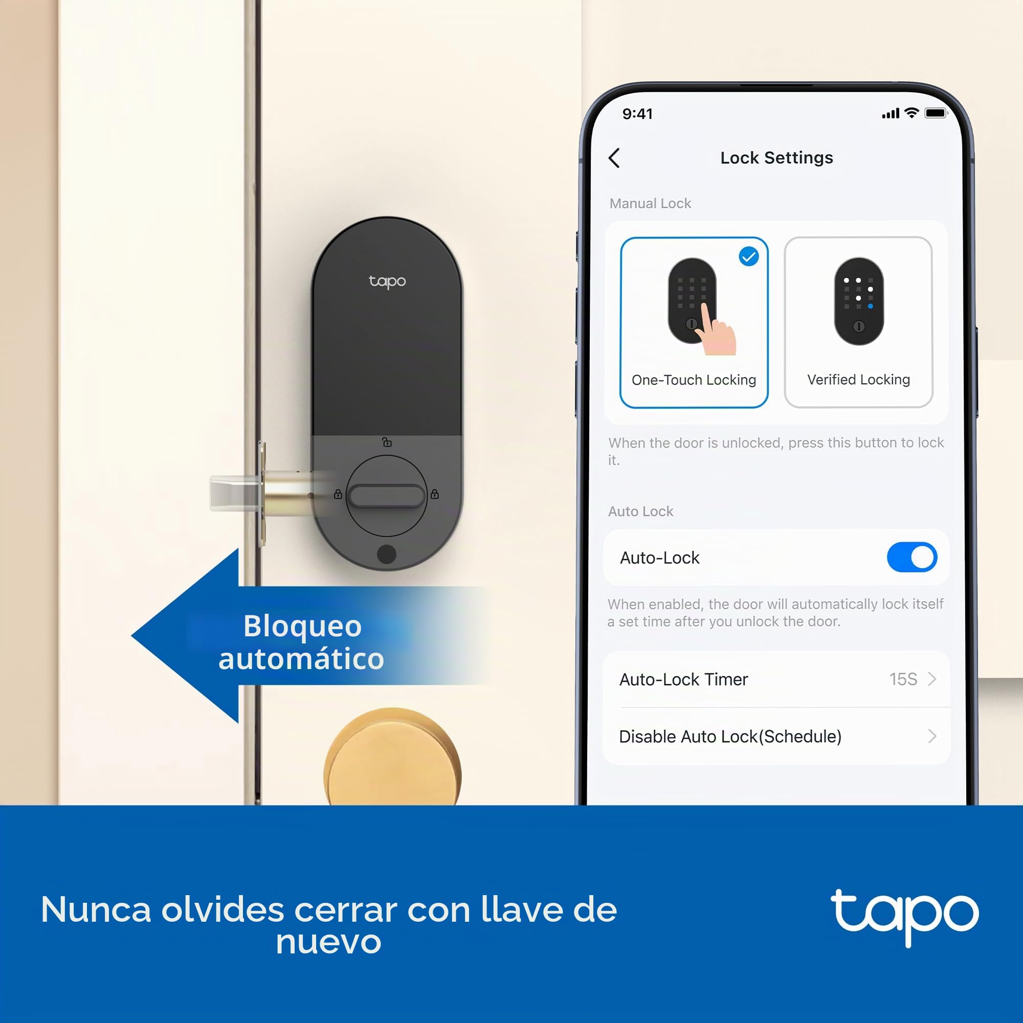 Tapo - Cerradura inteligente de puerta con cerrojo Wi-Fi – Botones táctiles sin llave, acceso personalizado con monitoreo en la aplicación, bloqueo automático, resistente a la intemperie IP54, grado
