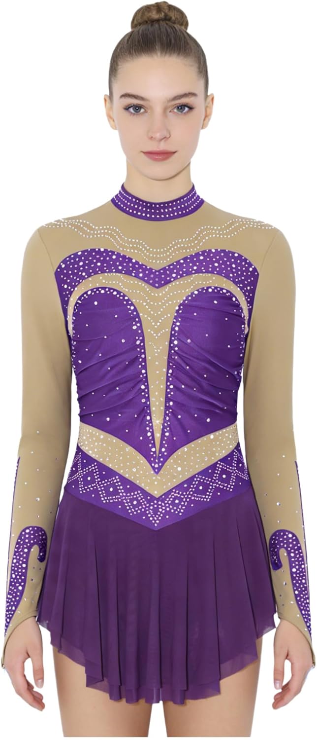 JanJean Womens Figure Skating Bodysuit Dress Mesh Rhinestone Roller Skating Lyrical Dance Costume