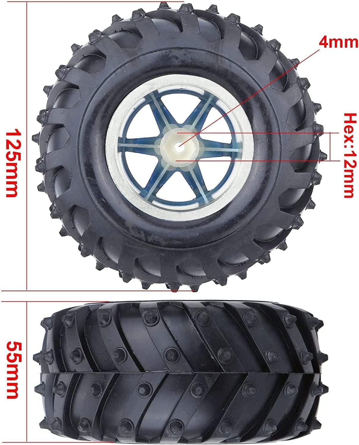 4PCS 1/10 RC Monster Truck Wheel and Tire Set,125mm Rubber Tyres Plastic Wheels Replacement for 1:10 RC Crawler Truck Car for HIMOTO HSP HPI Tamiya Kyosho(Red)