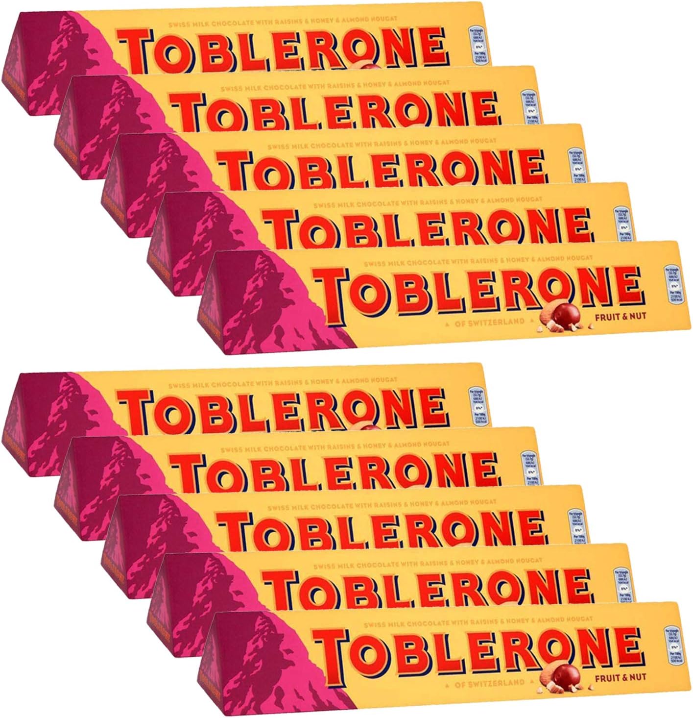 Toblerone of Switzerland Fruit & Nut with Raisins, Honey and Almond Chocolate Bar - 10 Pack X 100 Gm, 1000 Gm