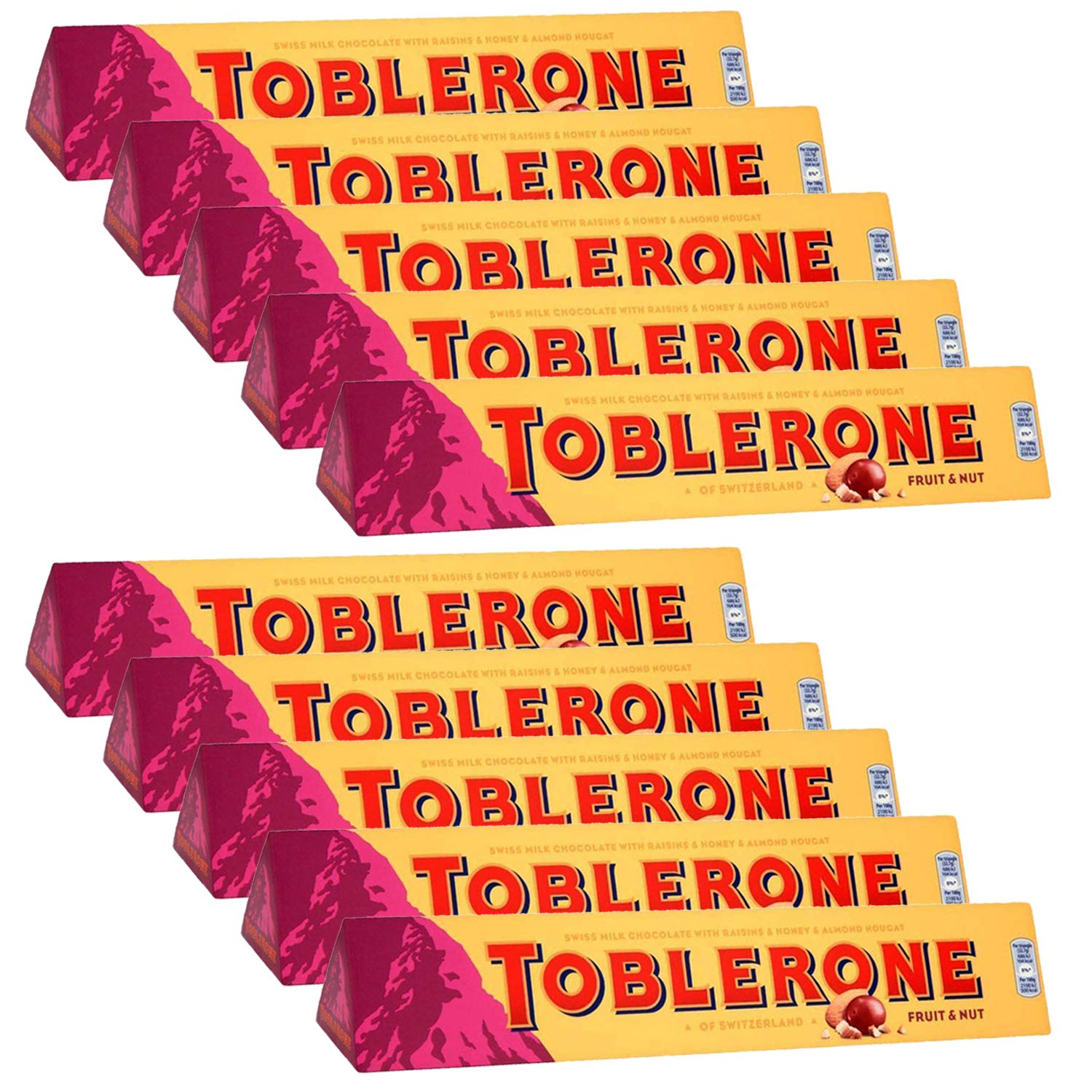 Toblerone of Switzerland Fruit & Nut with Raisins, Honey and Almond Chocolate Bar - 10 Pack X 100 Gm, 1000 Gm