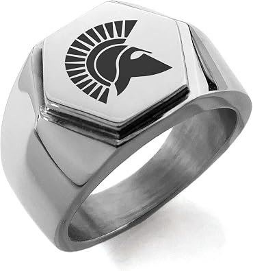 Stainless Steel Ares Greek God of War Hexagon Crest Flat Top Biker Style Polished Ring