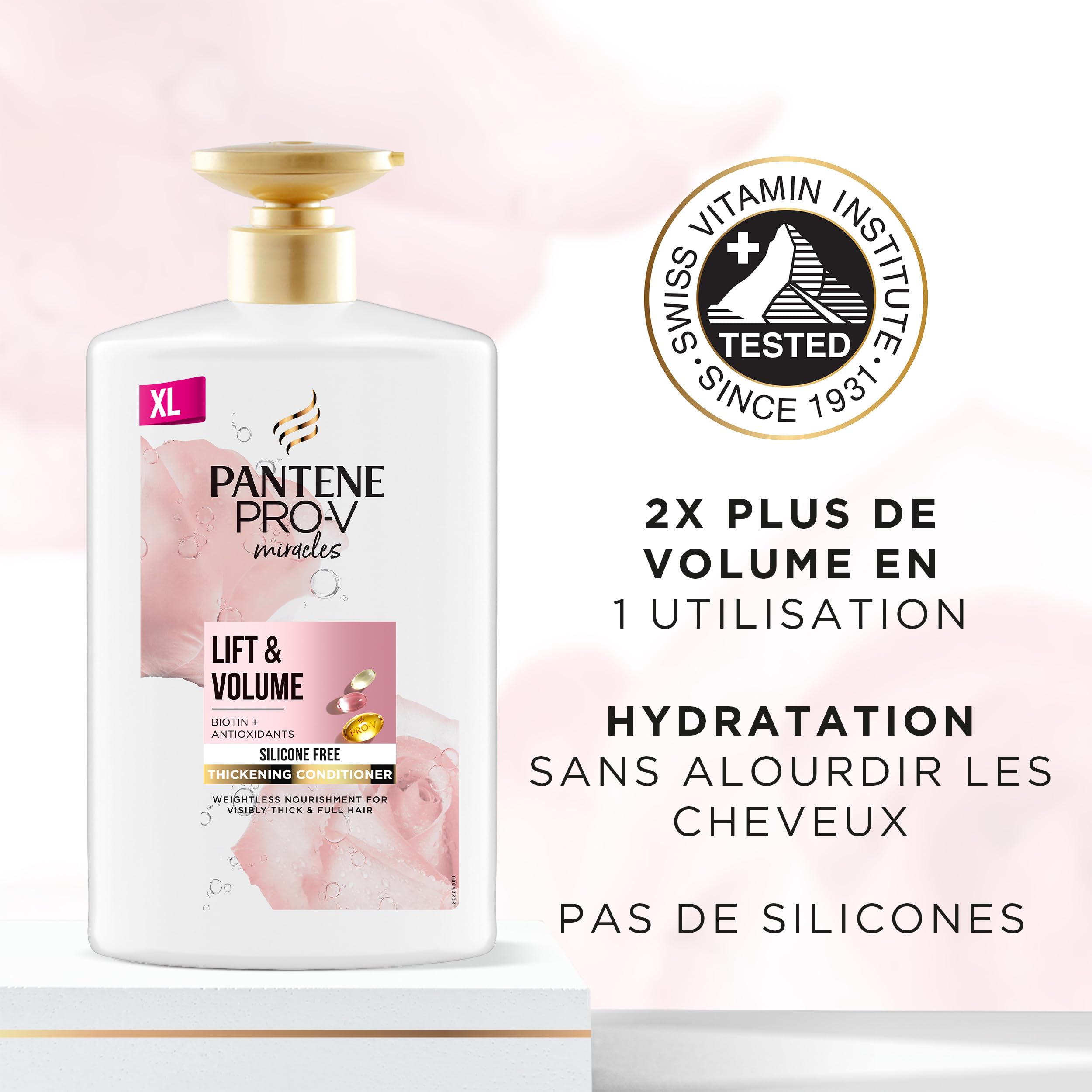 Pantene Après-shampoing Épaississant Biotine Et Eau De Rose, Lift & Volume, XL Avec Pompe, 1000 ml