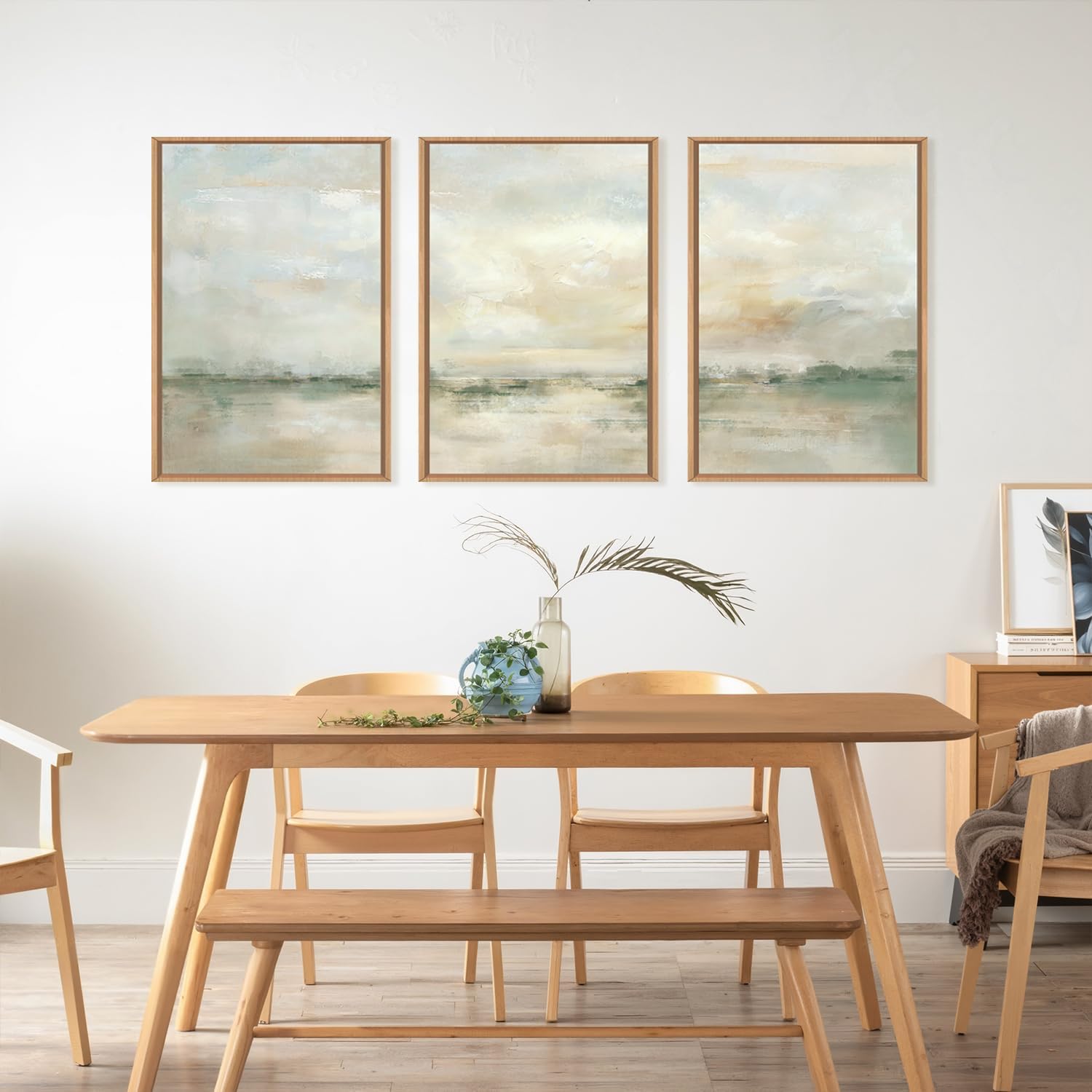 Ausril Large Abstract Green Gray Pastel Framed Canvas Wall Art,Neutral Landscape Wall Decor,Modern Watercolor Lake Artwork,Beige Textured Illustrations Art for Living Room,Bedroom,Office- 16"x24"x3 — view 4