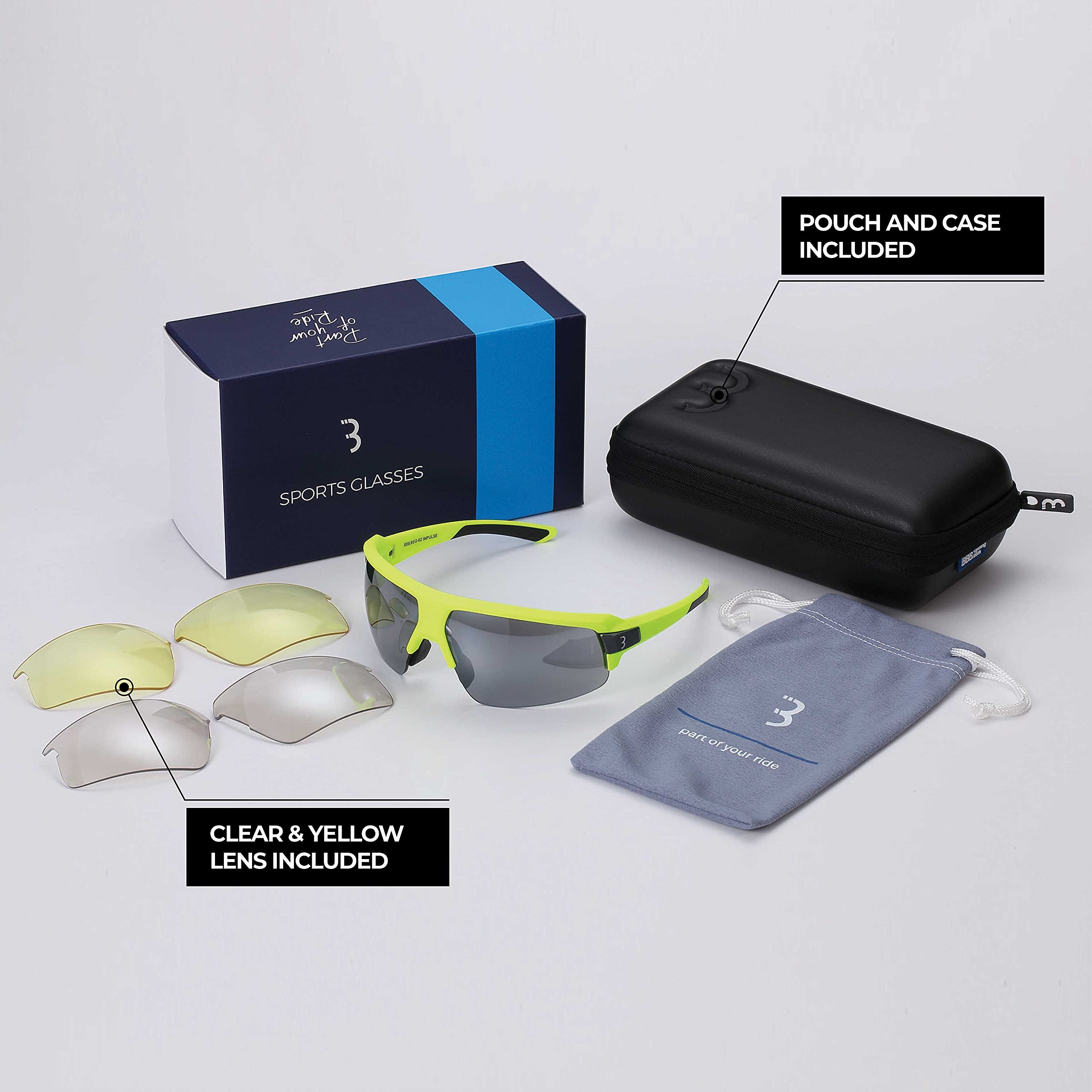 BBB Cycling Sports Glasses for Men & Women with 3 Interchangeable Lenses Lightweight Sunglasses UV Protection Half Frame for Bike Riding Impulse BSG-62
