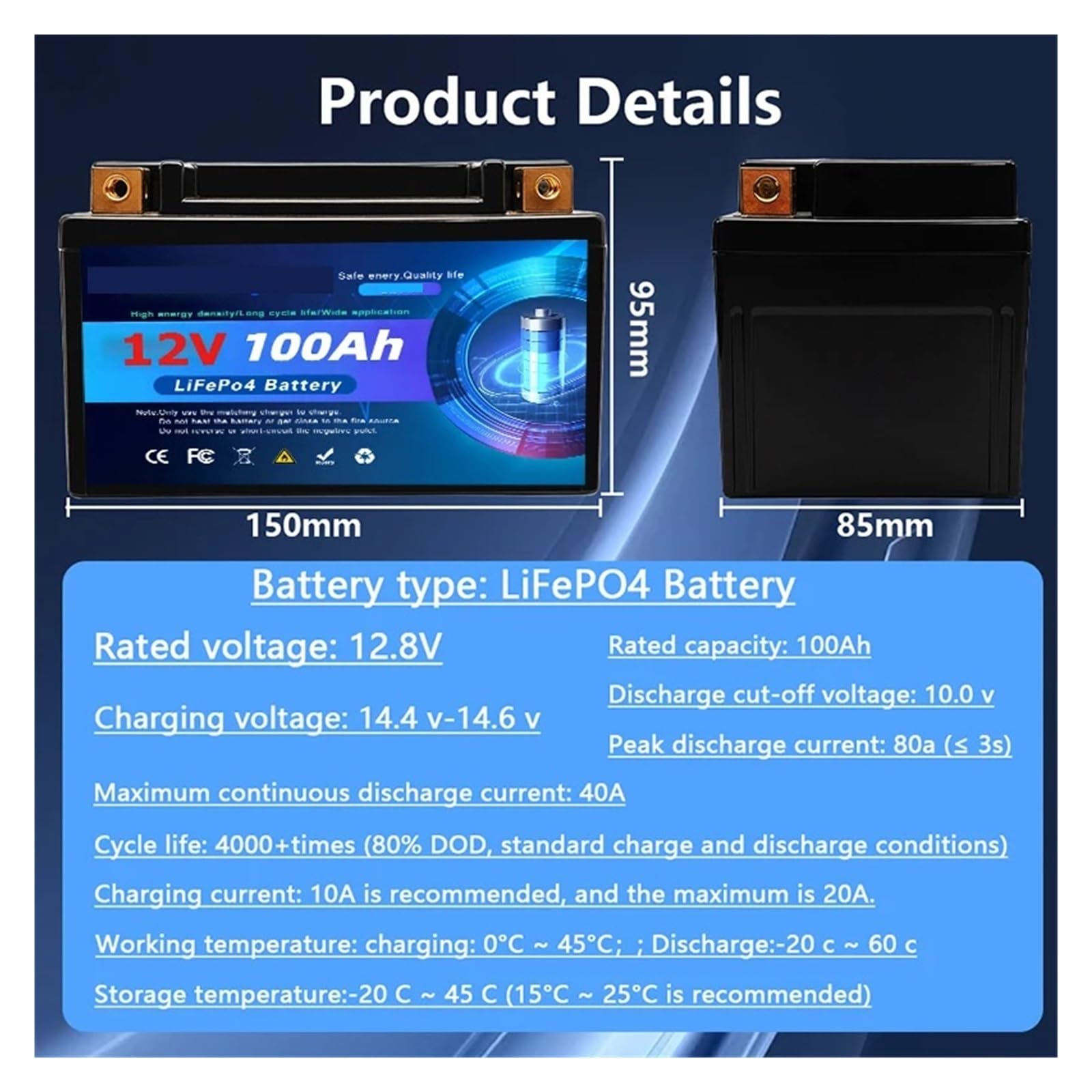 Batteria Al Litio LiFePO4 12V 100Ah Gruppo 31 Con 100A Incorporato | Protezione BMS a bassa temperatura 15000 ciclo profondo ricaricabile