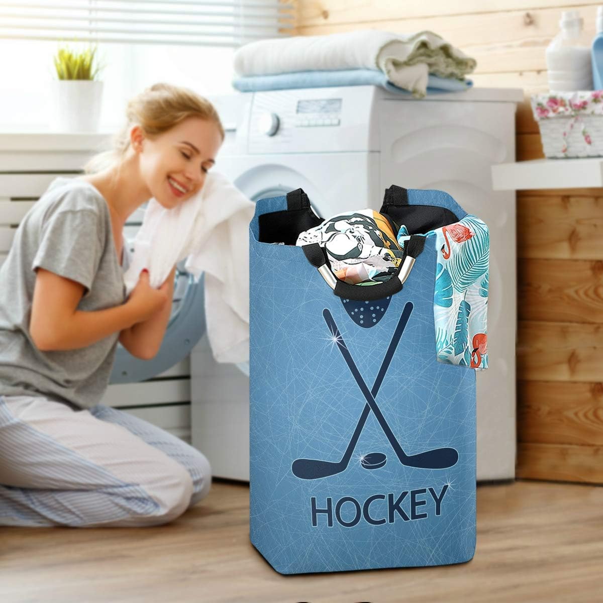 senya Large Storage Basket with Handles Collapsible Organizer Bin Laundry Hamper for Nursery Clothes Toys, Ice Hockey Sticks and Puck
