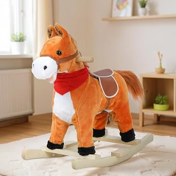 Rocking Horse for Toddlers Ages 1-6, Plush Ride On Toy with Sounds Moving Mouth & Wagging Tail, Interactive Wooden Rocker for Kids, Baby Rocking Chair Toys up to 120kg Light Brown Small