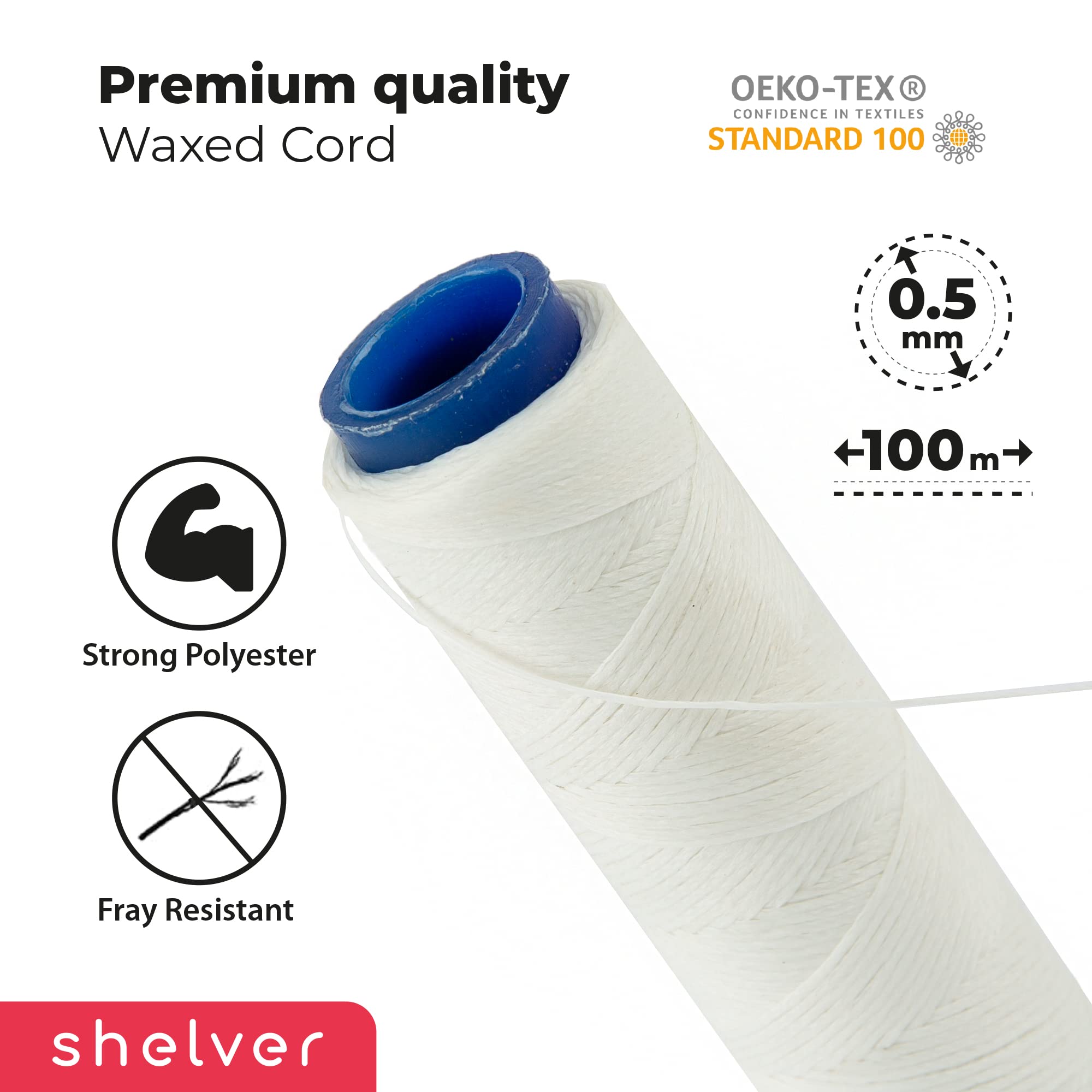 Shelver 0.5mm Waxed Cord for Jewellery Making Waxed Thread, Bracelet String, Beading Cord - 100 meters (White) - Image 2