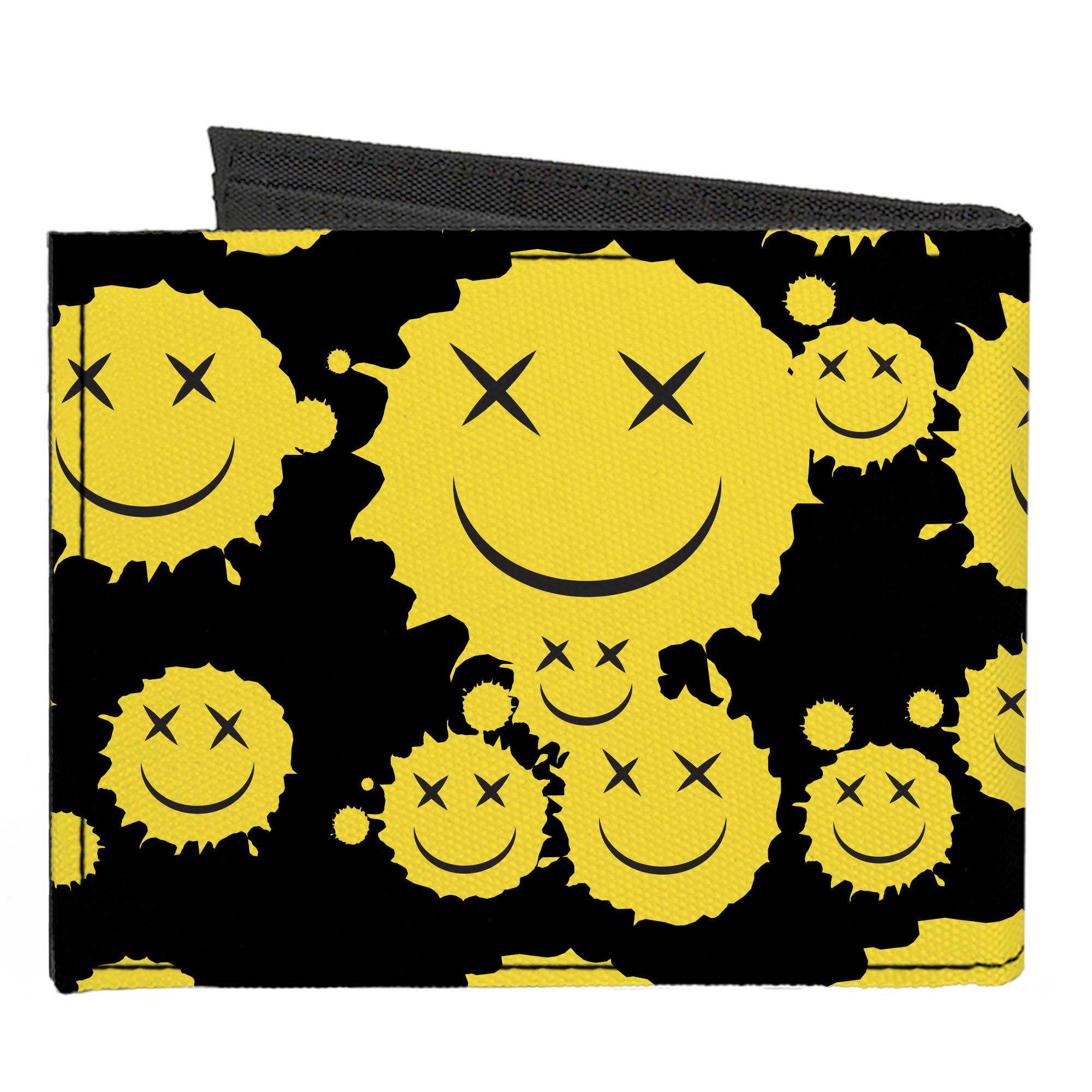 Buckle-Down Wallet, Bifold, Smiley Face Splatter Scattered Black Yellow, Canvas